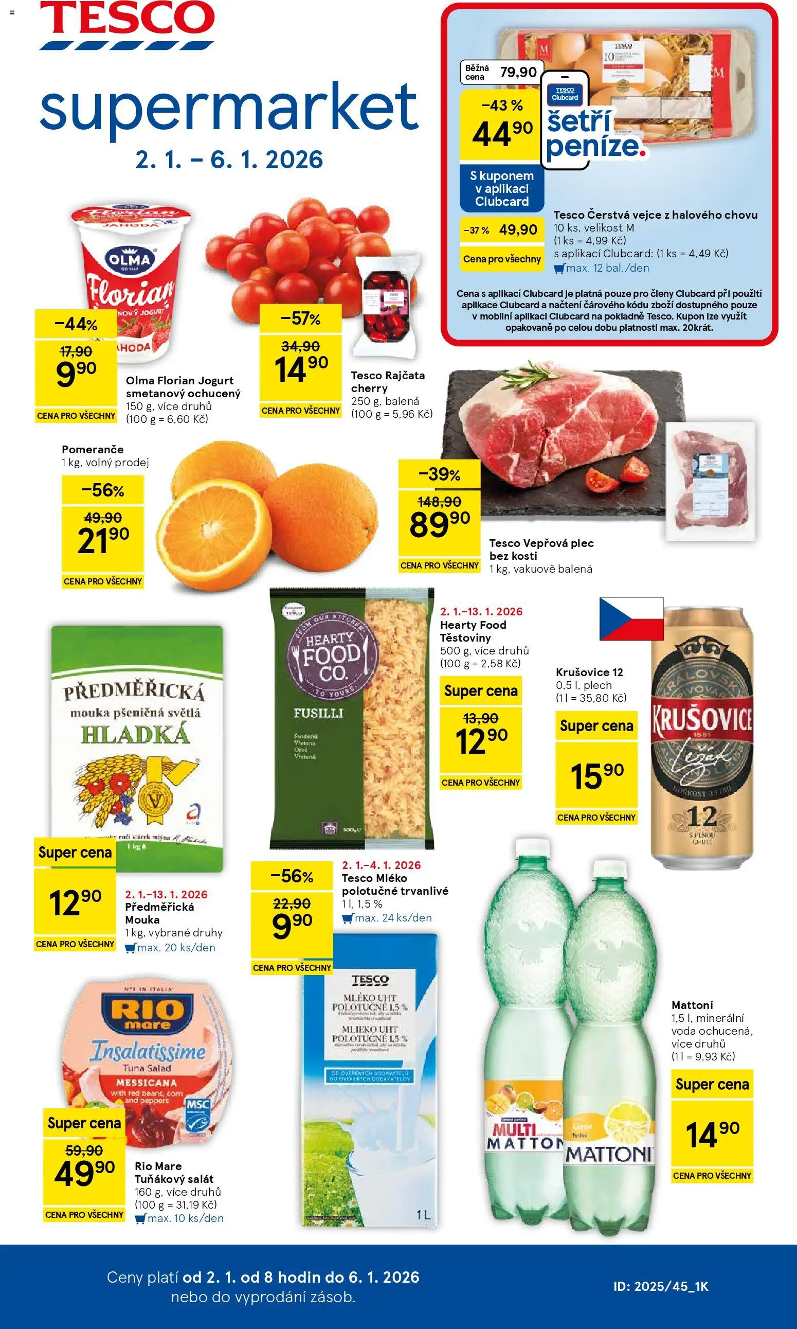 Tesco leták - Supermarket od 02.01.2026 | Strana: 1 | Produkty: Mléko polotučné, Rajčata, Těstoviny, Předměřická mouka