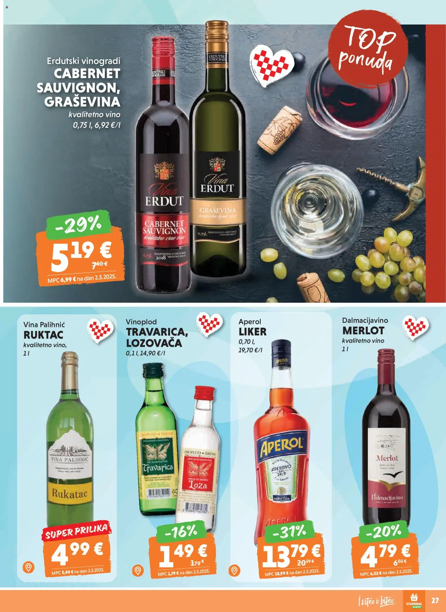 Studenac katalog | vrijedi od 11.02.2026 | Stranica: 27 | Proizvodi: Vino, Aperol, Liker