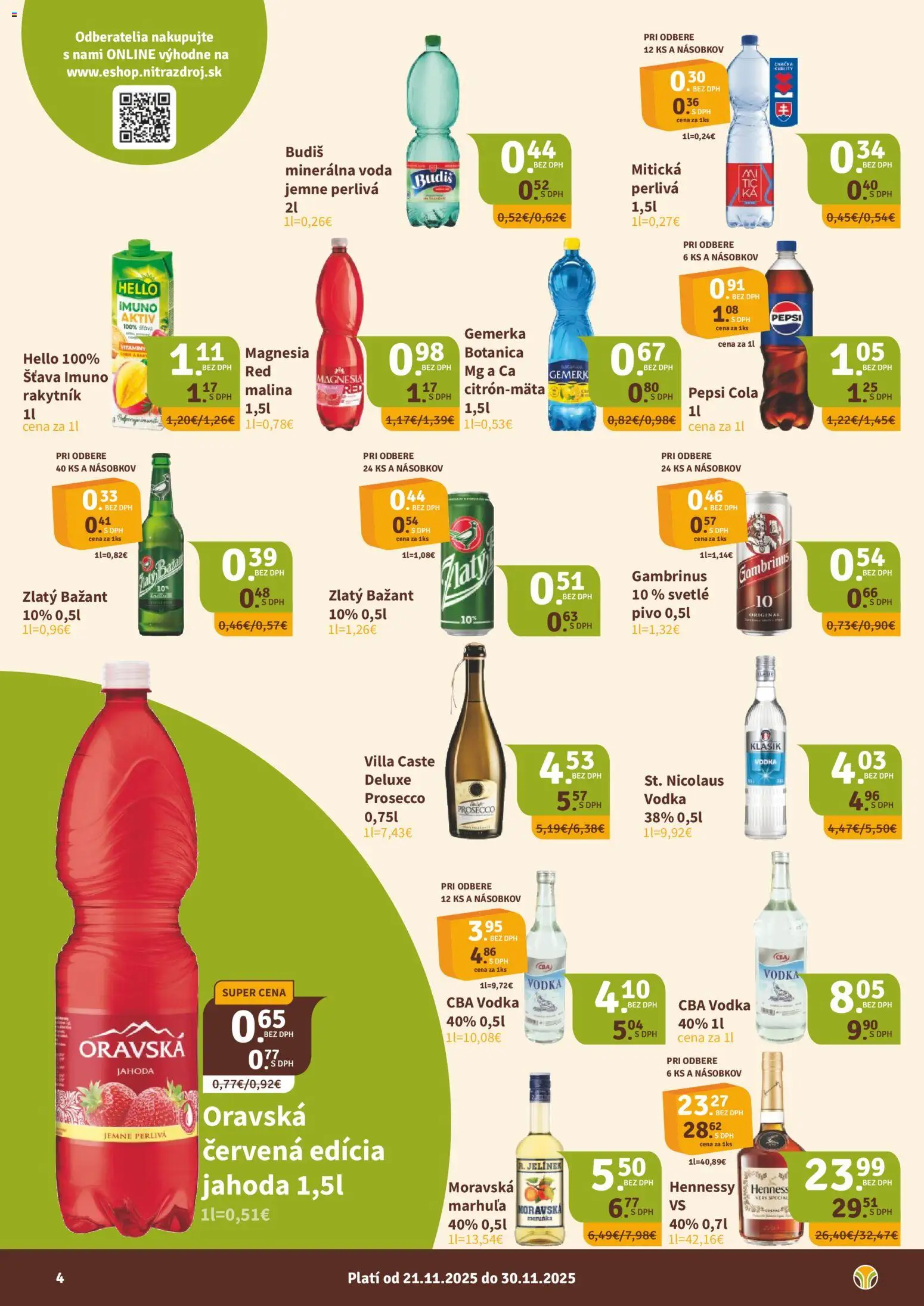 Nové Nitrazdroj akcie – leták je platný od 21.11.2025 | Strana: 4 | Produkty: Pivo, Budiš, Magnesia, Hennessy