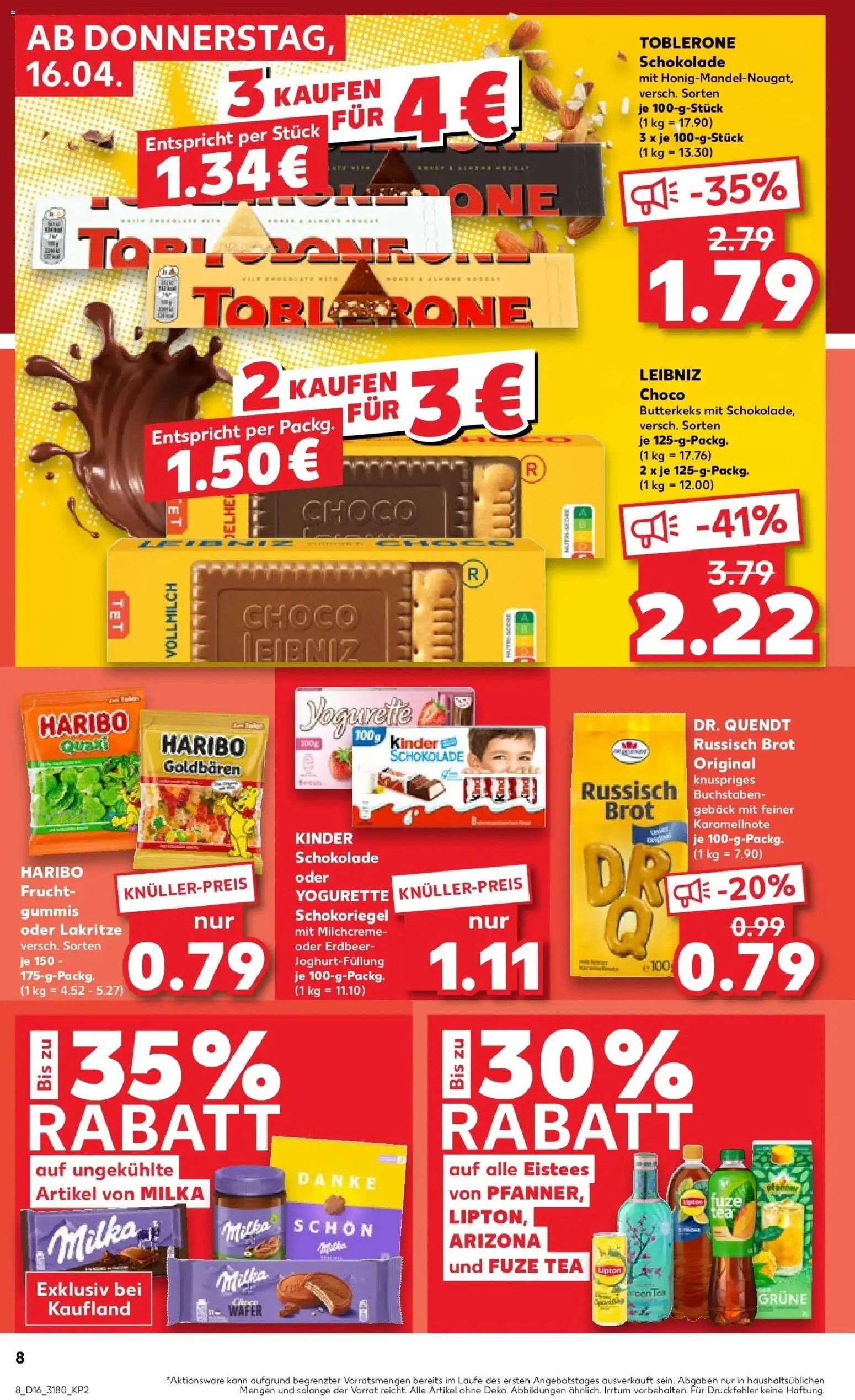 Kaufland Prospekt Ahrensfelde	 – gültig ab 16.04.2026 | Seite: 8 | Produkte: Kinder schokolade, Fuze tea, Haribo, Schokolade