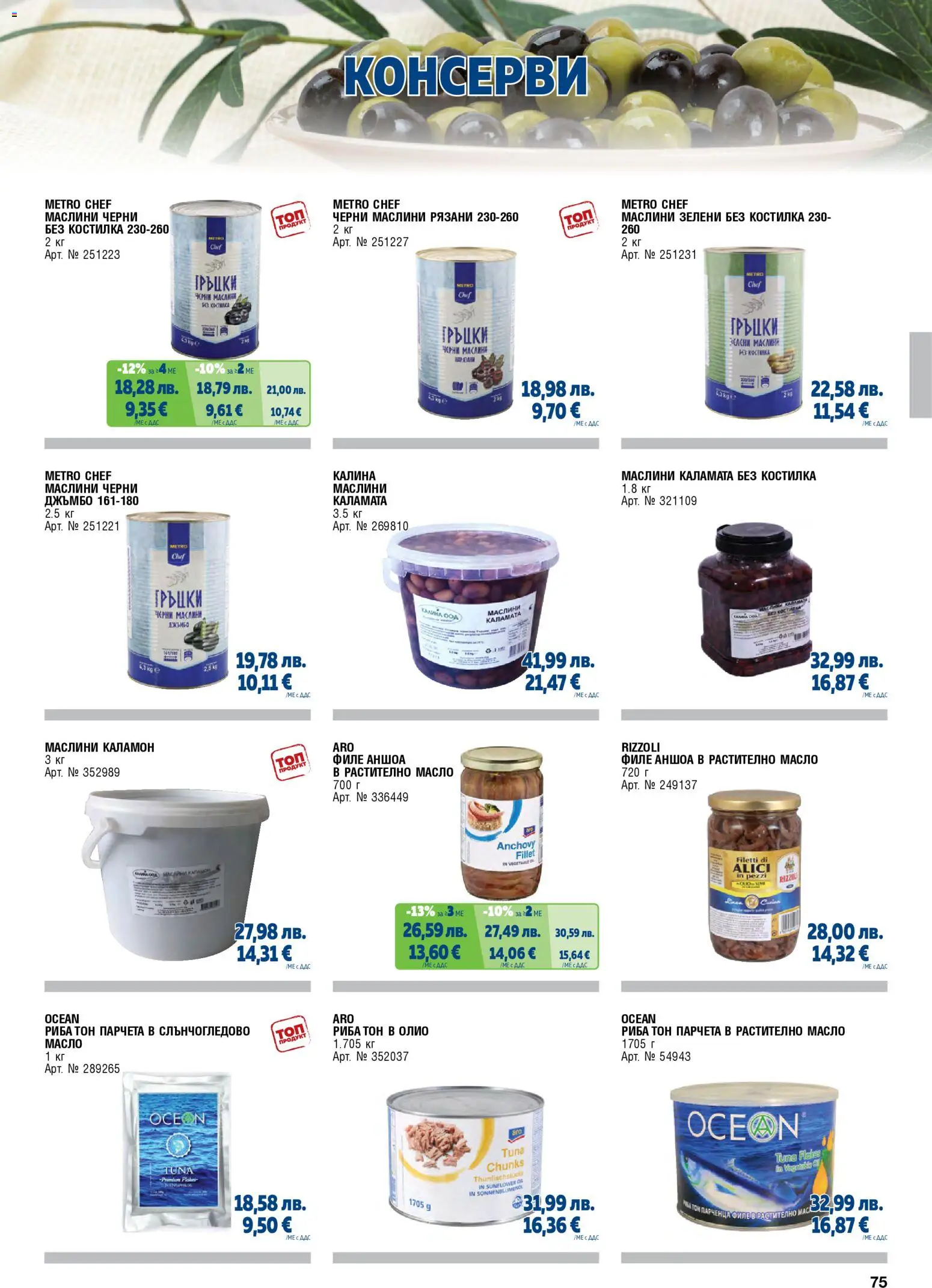 {H1} | Страница: 75 | Продукти: Олио, Филе, Риба тон, Каламата