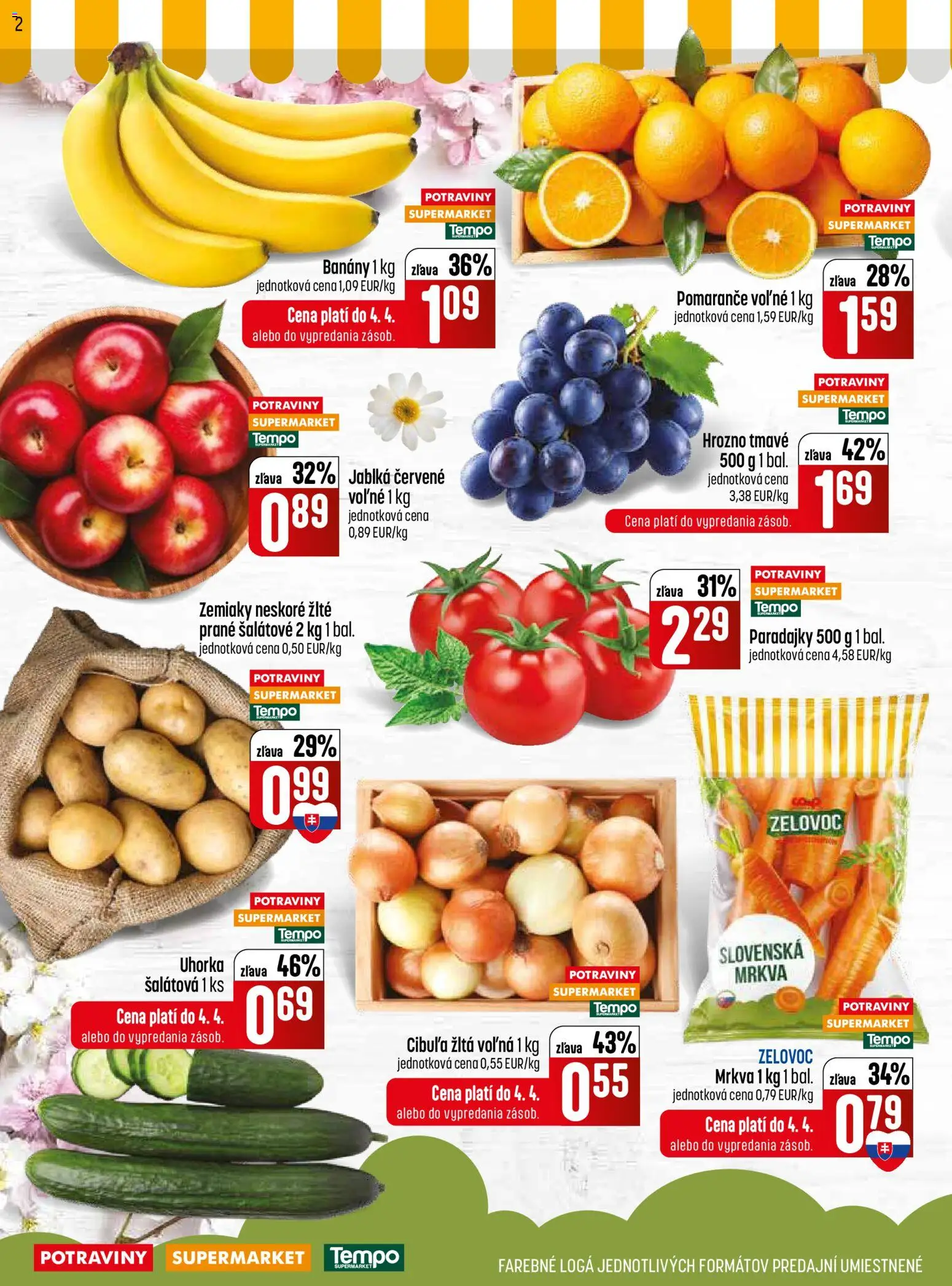 Nové COOP Jednota akcie – leták je platný od 31.03.2026 | Strana: 2 | Produkty: Jablká, Paradajky, Banány, Mrkva