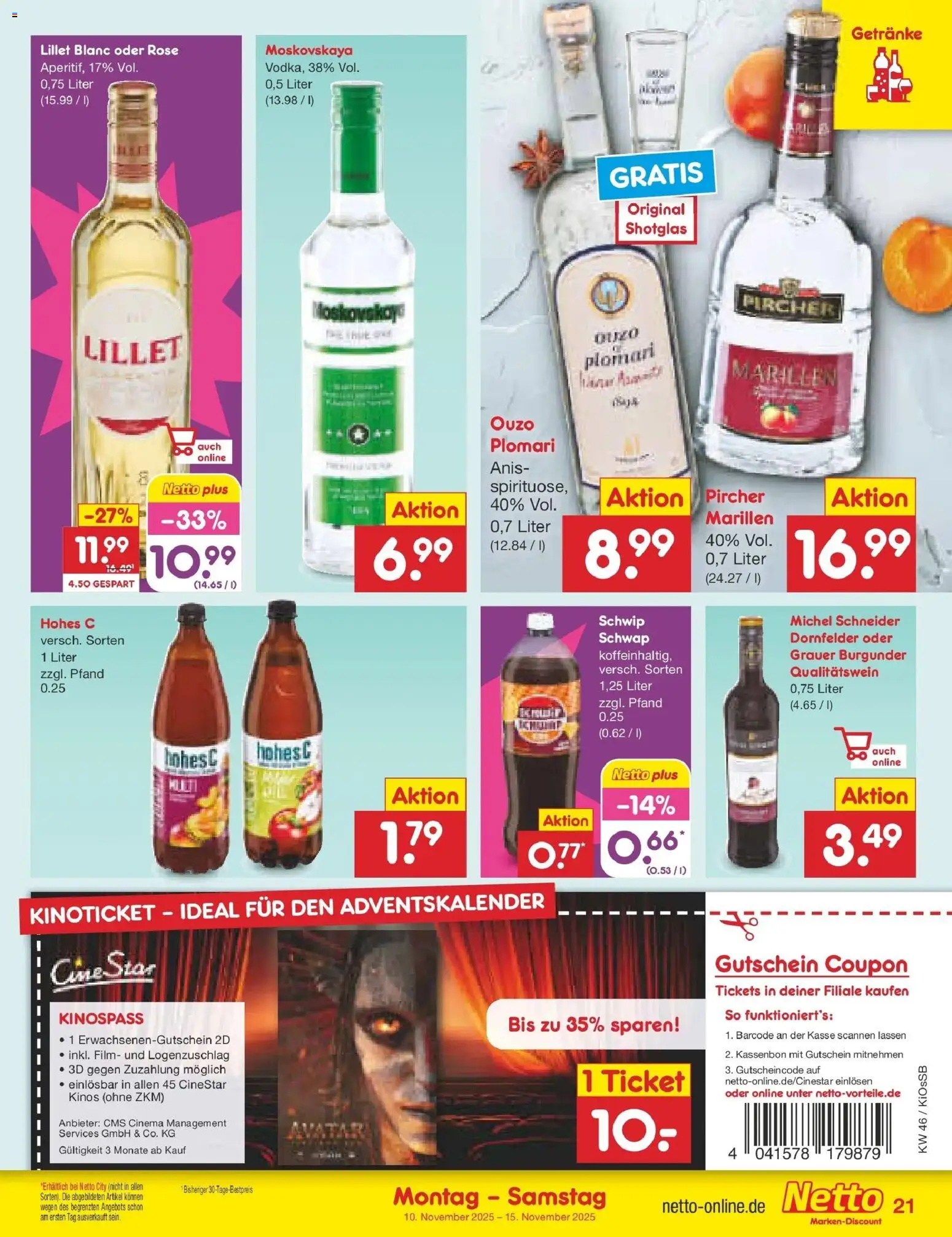Netto Marken-Discount - Netto: Wochenangebote – gültig ab 10.11.2025 | Seite: 21 | Produkte: Ouzo, Lillet, Hohes c