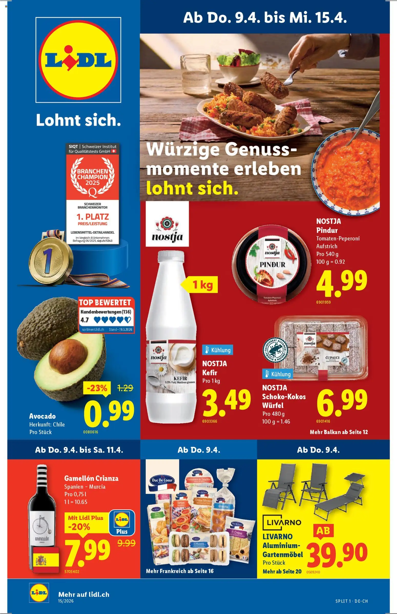 Lidl aktionen – gültig ab 09.04.2026 | Seite: 1 | Produkte: Kefir, Gartenmöbel, Avocado, Top