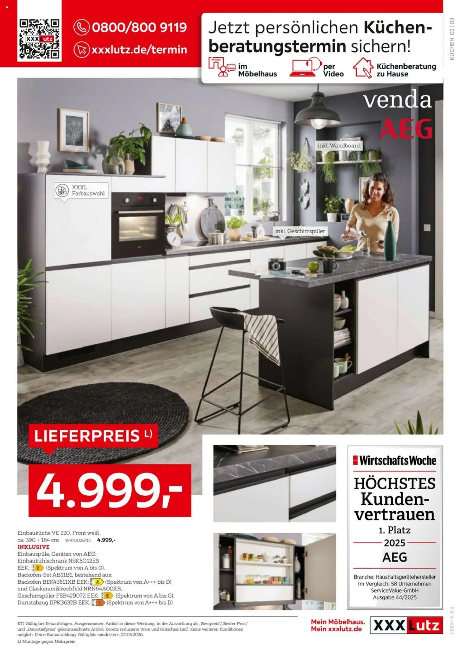 XXXLutz AEG zum Bestpreis – gültig ab 18.04.2025 | Seite: 3 | Produkte: Einbauküche, Dunstabzug, Kuchen, Video