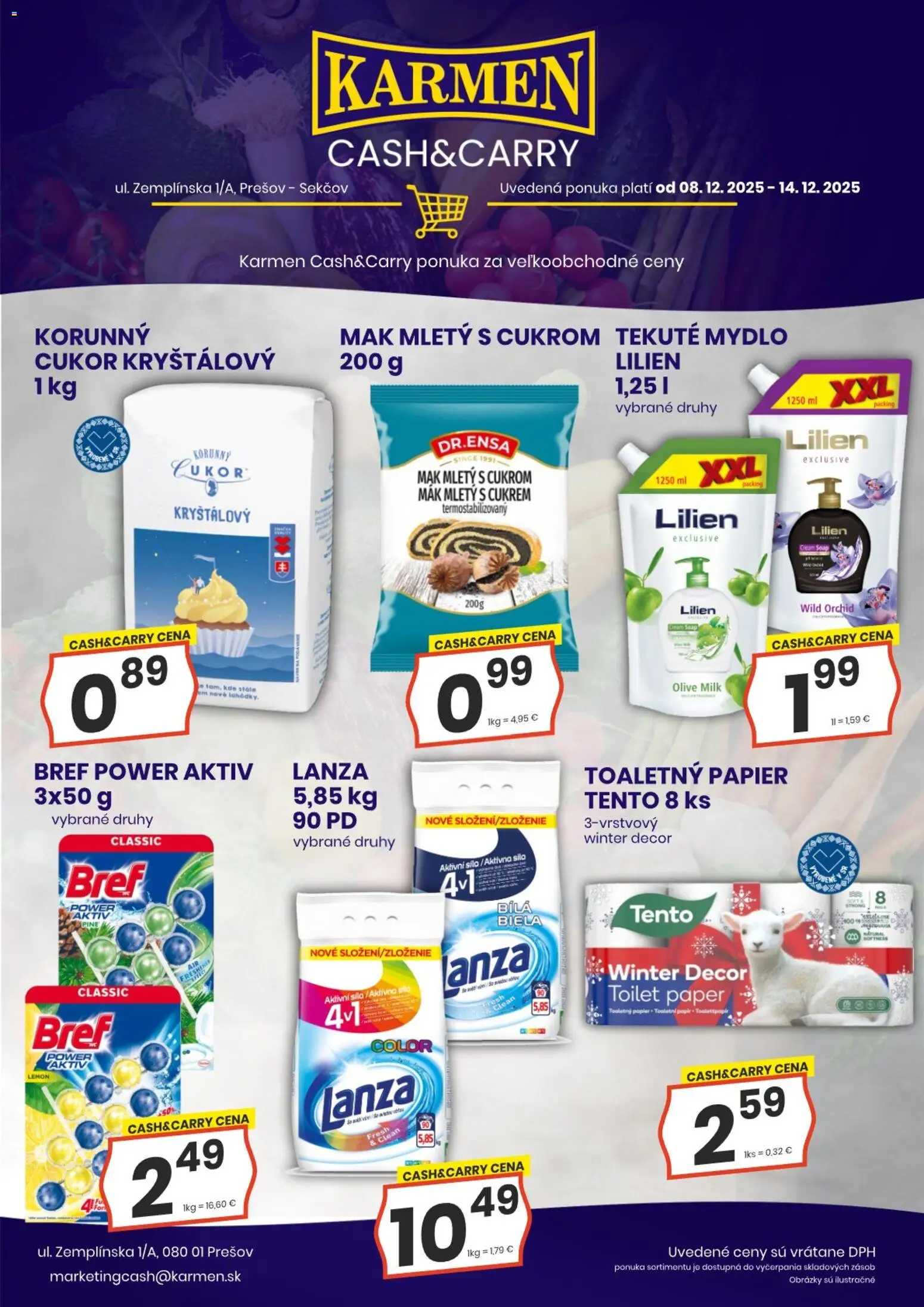 Nové KARMEN CBA akcie – leták je platný od 08.12.2025 | Strana: 2 | Produkty: Toaletný papier, Mydlo, Cukor, Mak