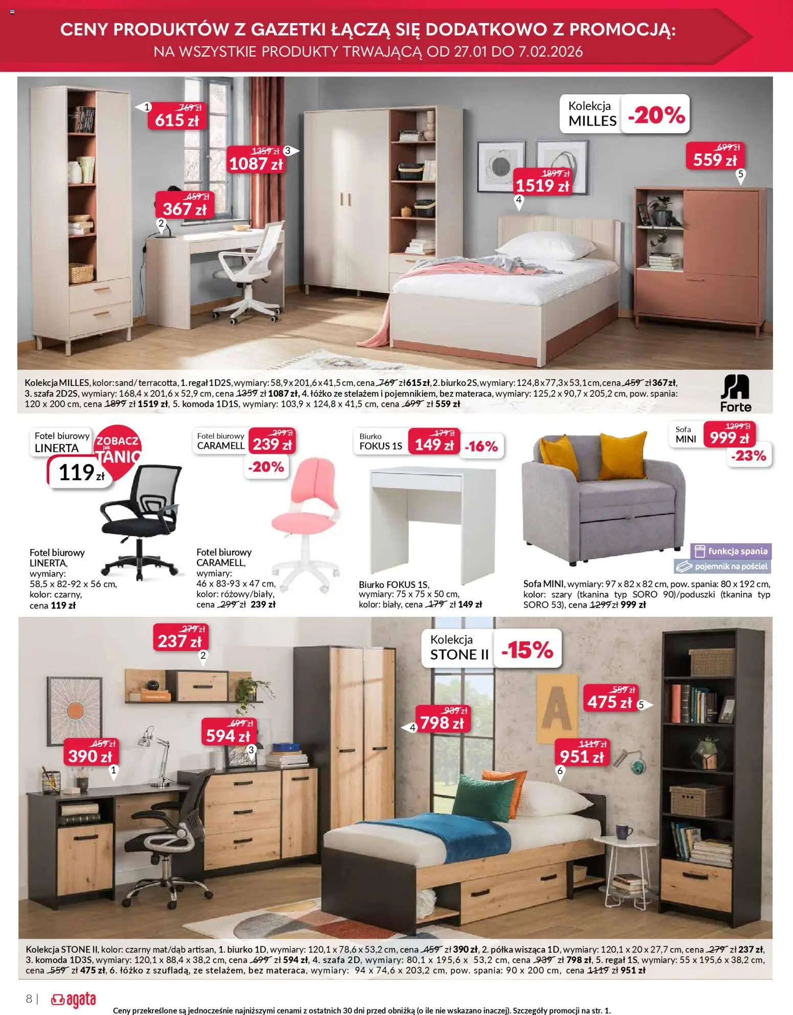 Salony Agata Gazetka od 27.01.2026 | Strona: 8 | Produkty: Łóżko, Komoda, Biurko, Regał