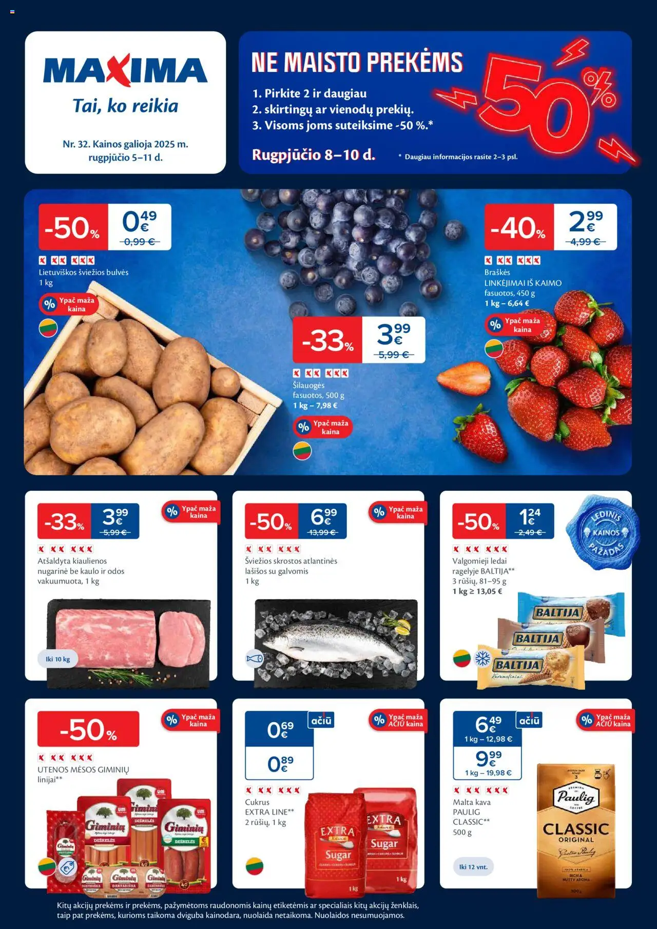 MAXIMA leidinys│galioja nuo 05.08.2025 | Puslapis: 1 | Prekių: Kiaulienos, Lašišos, Cukrus, Braškės