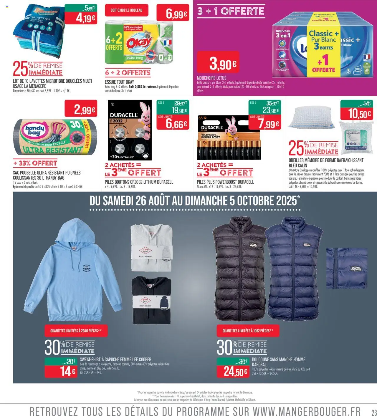  | Page: 21 | Produits: Oreiller, Sac poubelle, Piles, Doudoune sans manche