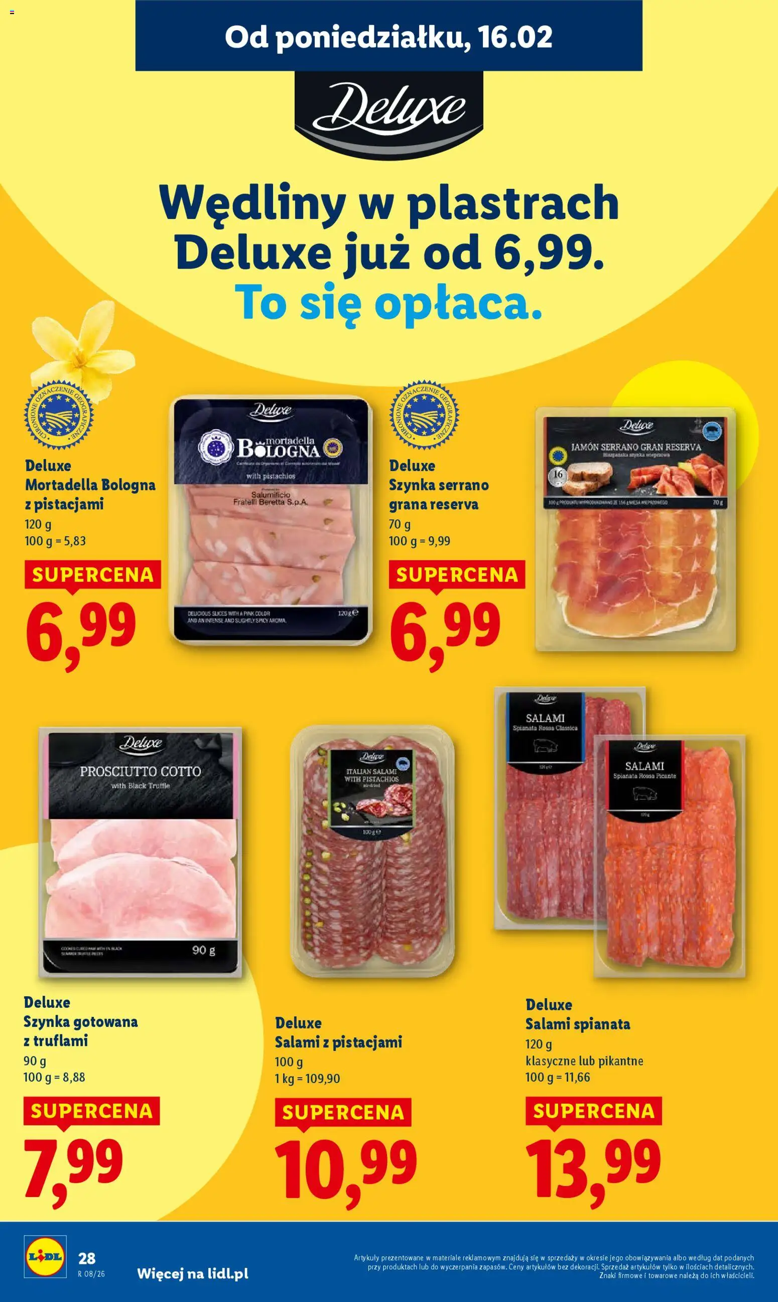Lidl Gazetka od 16.02.2026 | Strona: 28 | Produkty: Szynka wieprzowa, Prosciutto, Salami, Wędliny