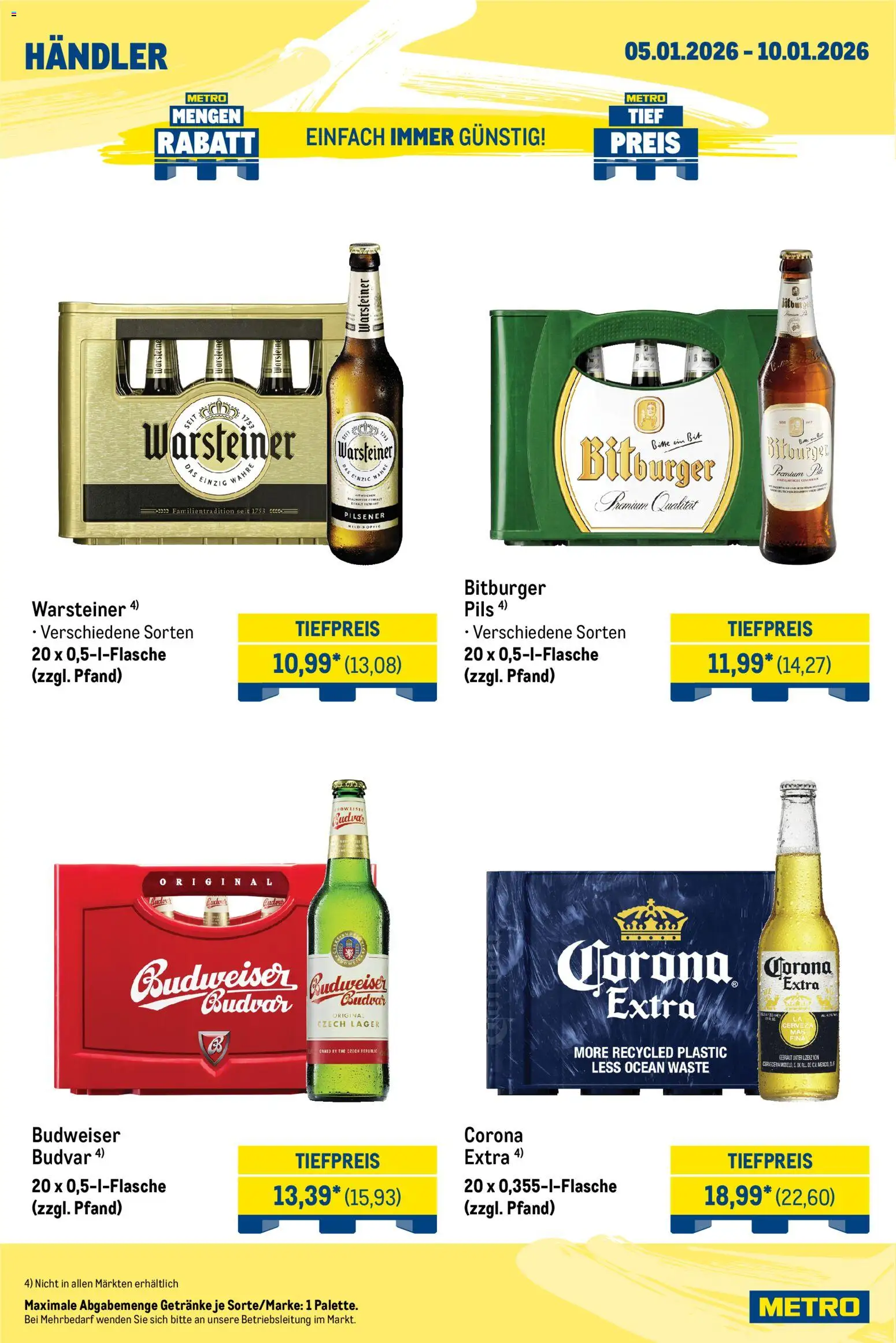 Metro Wochen-Angebote Händler – gültig ab 05.01.2026 | Seite: 4 | Produkte: Bitburger, Pils, Warsteiner, Budweiser