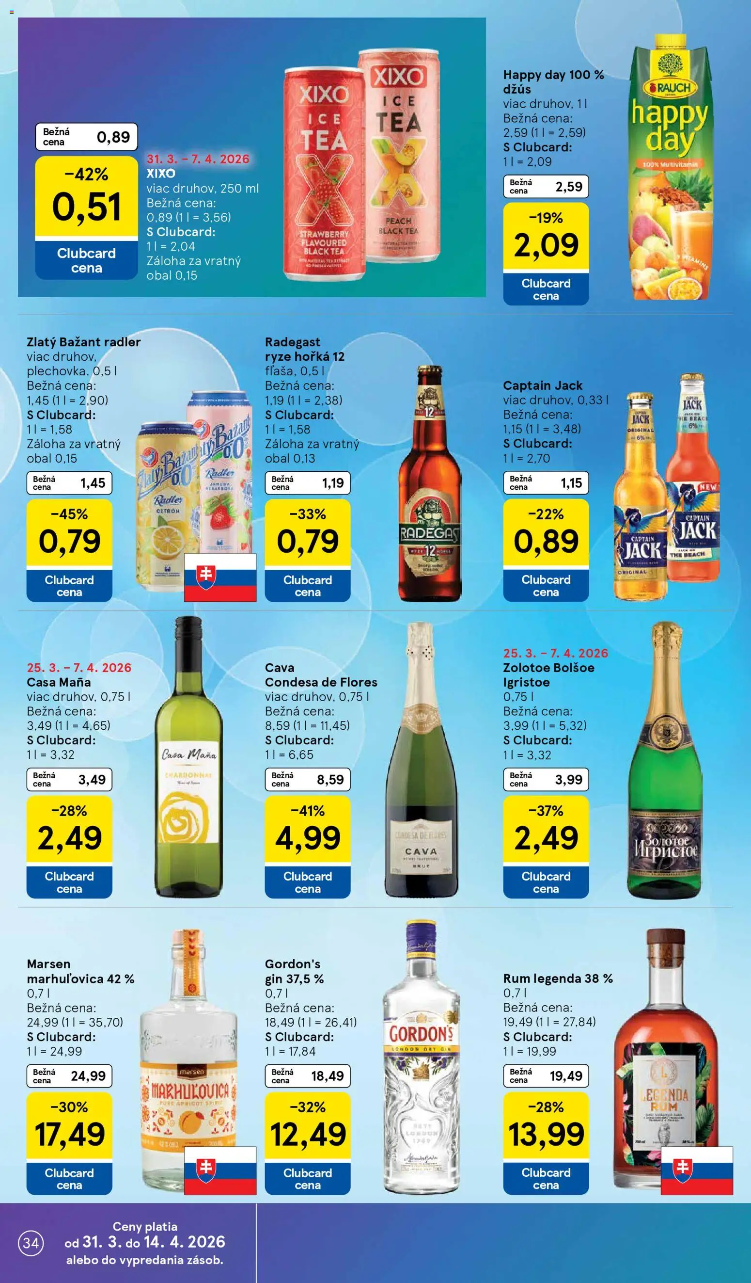 Nové Tesco akcie – leták je platný od 31.03.2026 | Strana: 34 | Produkty: Džús, Radler, Zlatý Bažant, Rum