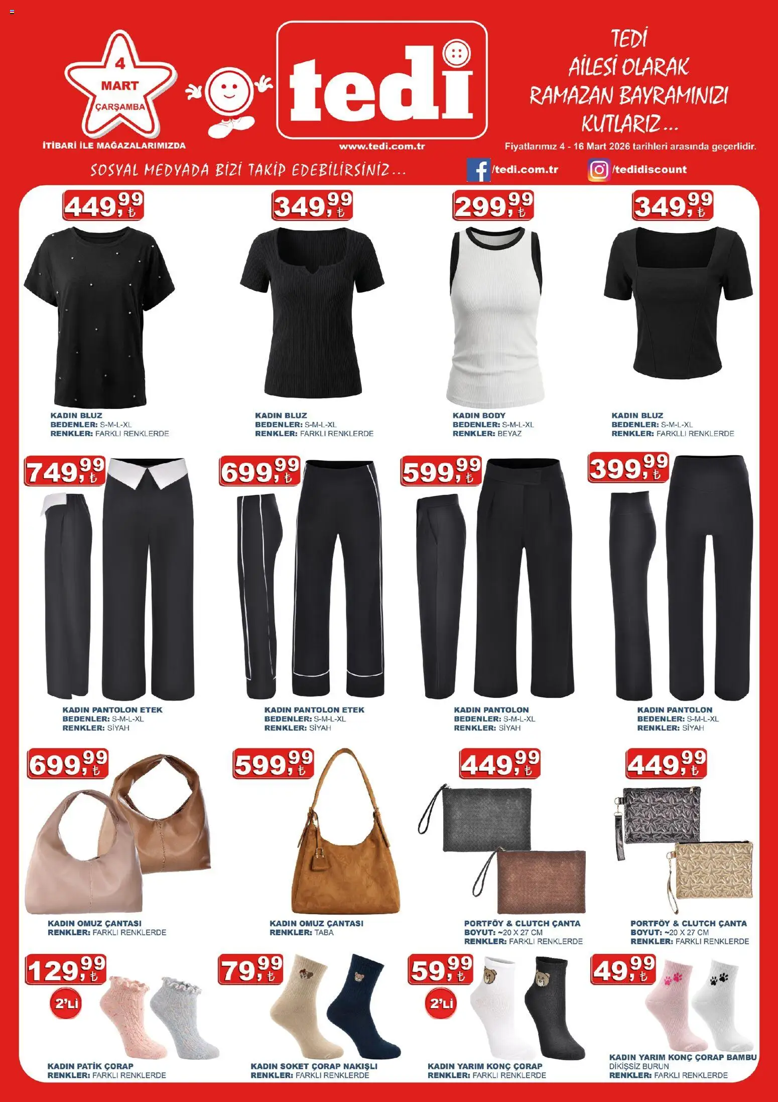 Tedi  - Katalog - 04.03.2026 tarihinden itibaren geçerlidir | Sayfa: 1 | Ürünler: Etek, Bluz, Pantolon, Çanta