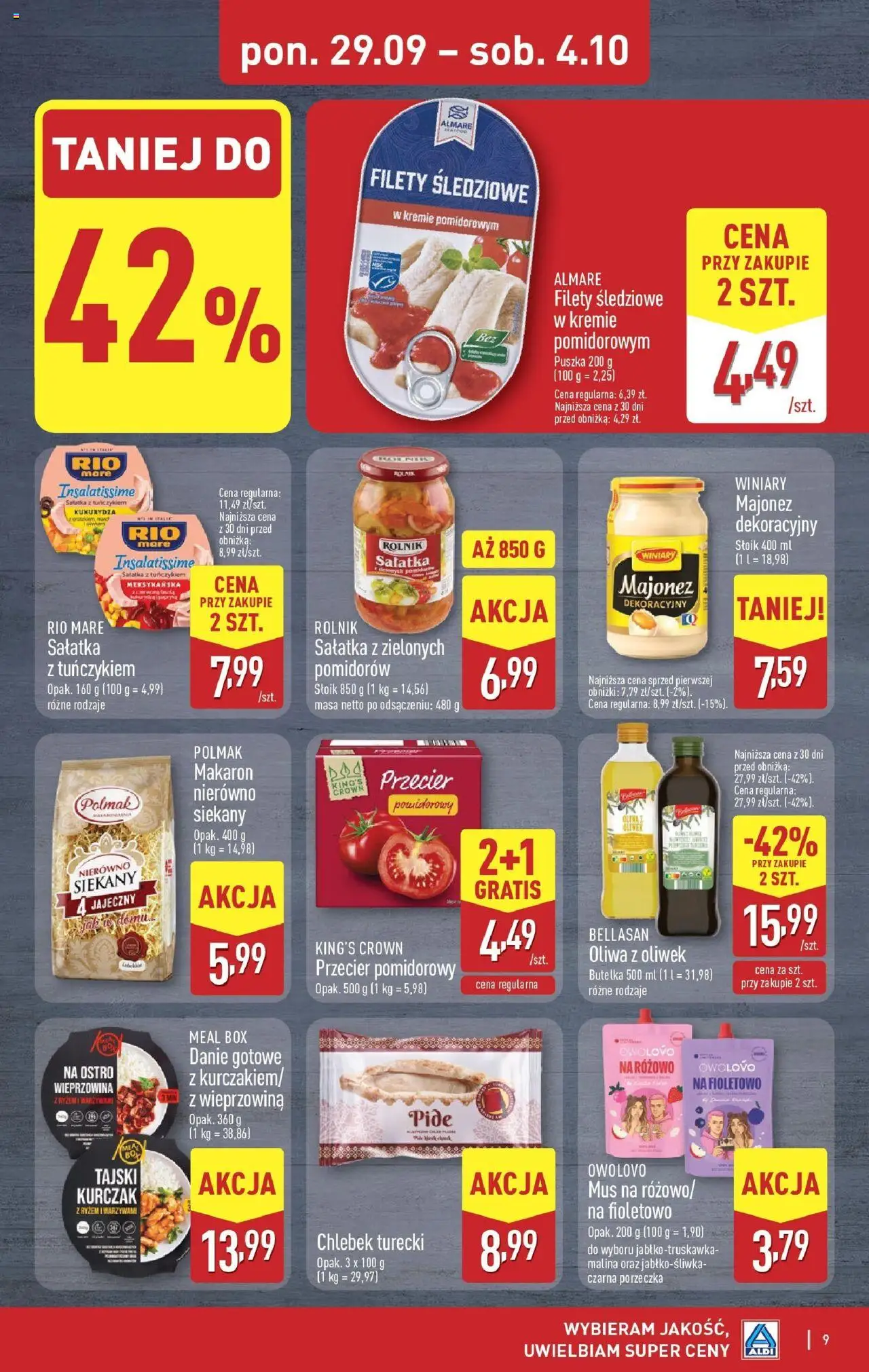 Aldi Gazetka od 29.09.2025 | Strona: 9 | Produkty: Kurczak, Oliwa z oliwek, Sałatka z tuńczykiem, Wieprzowina