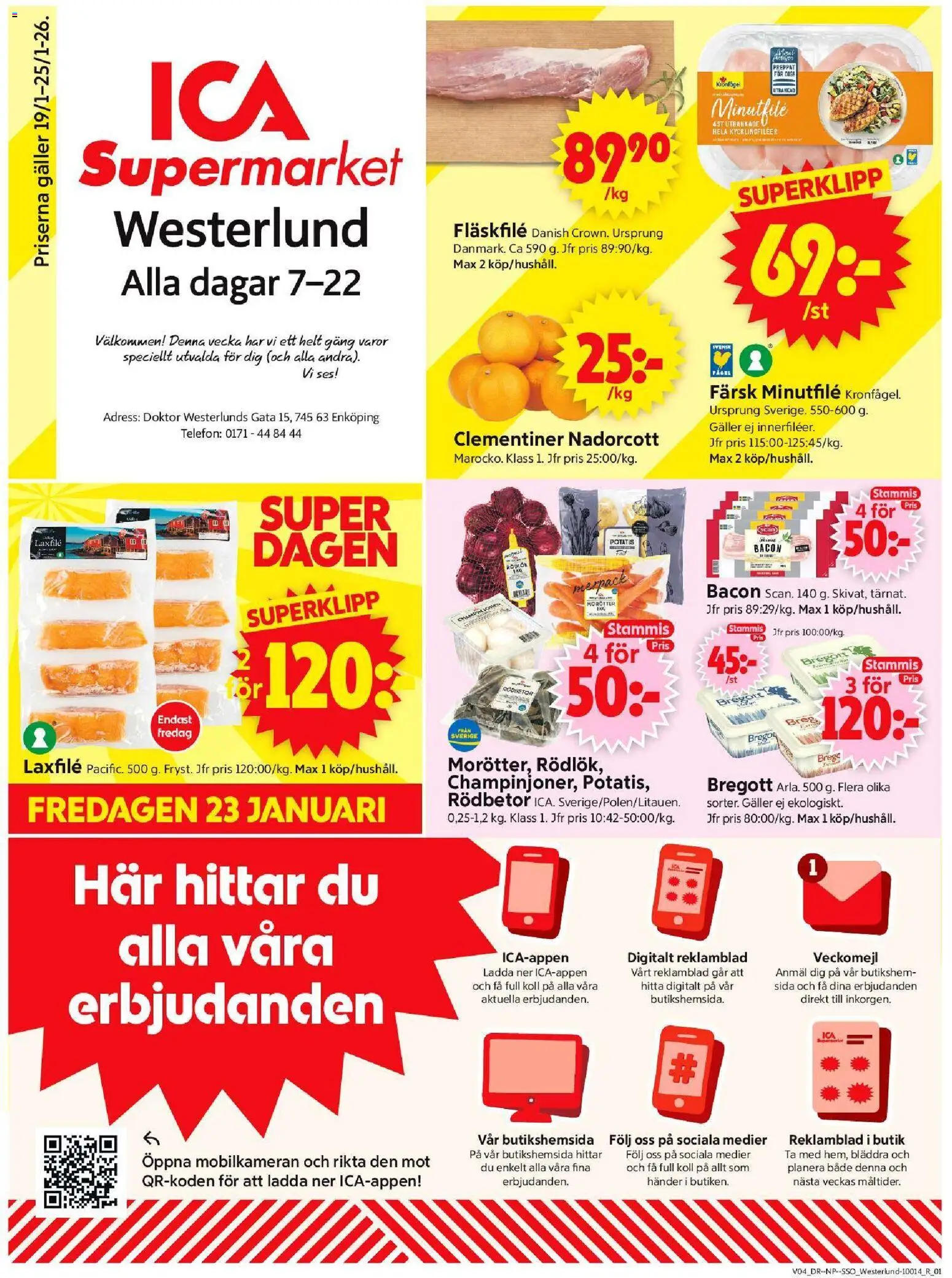 ICA Supermarket reklamblad aktuell från 19.01.2026 | Sida: 1 | Produkter: Bacon, Galler, Bregott, Potatis