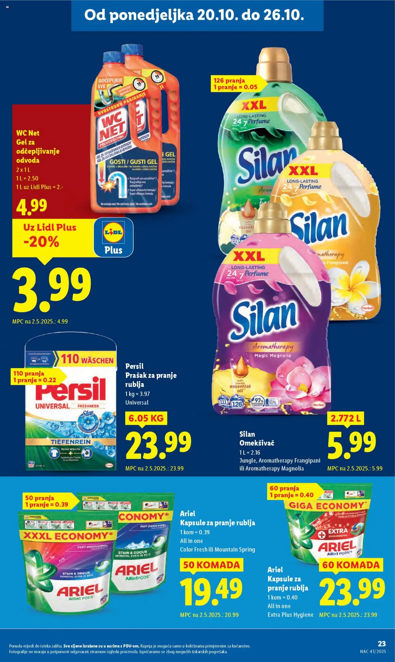 Lidl katalog | vrijedi od 20.10.2025 | Stranica: 23 | Proizvodi: Gel za odčepljivanje odvoda, Omekšivač, WC Net, Persil