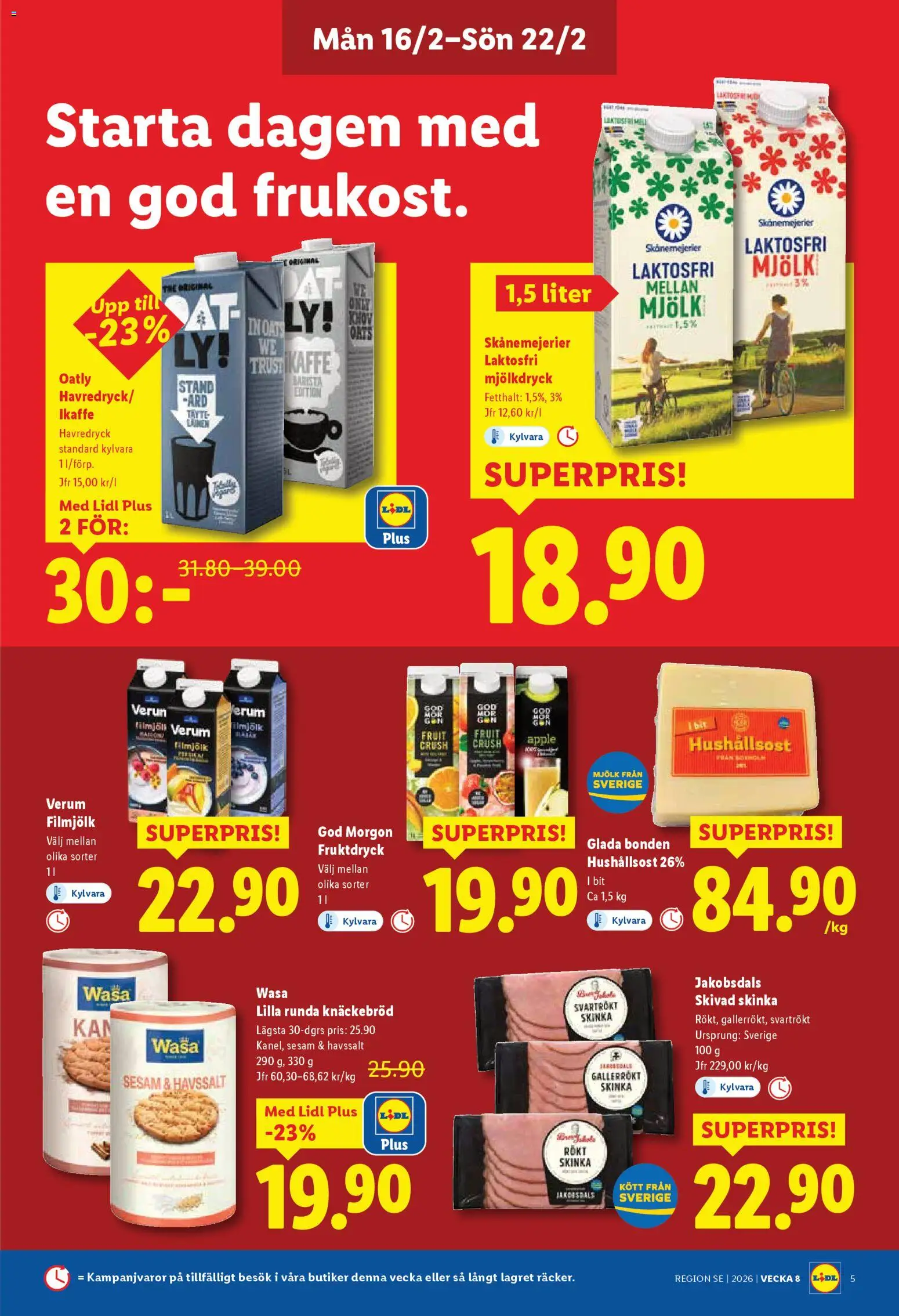 Lidl reklamblad aktuell från 16.02.2026 | Sida: 5 | Produkter: Knäckebröd, Havredryck, Mjölk, Skinka