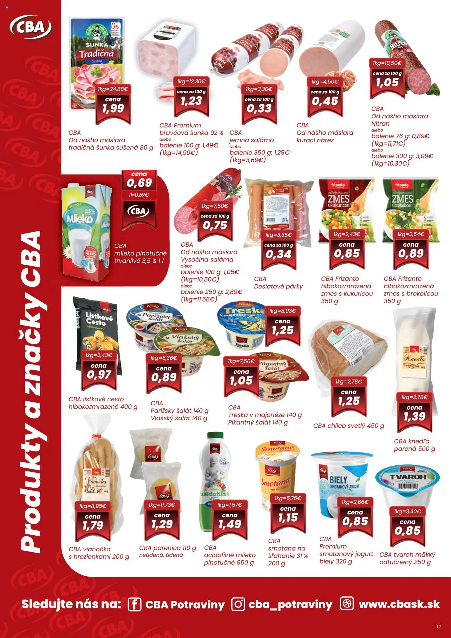 Nové CBA Verex akcie – leták je platný od 01.04.2026 | Strana: 12 | Produkty: Lístkové cesto, Tvaroh, Šalát, Párky