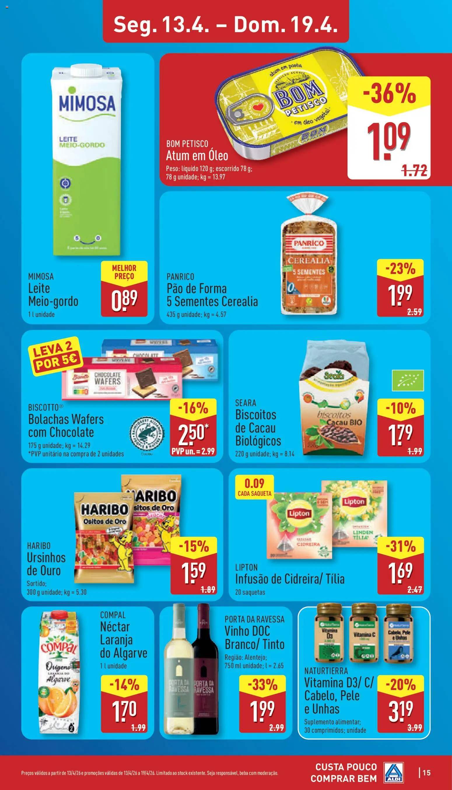 Aldi folheto │ válido de 13.04.2026 | Página: 15 | Produtos: Bolachas, Leite, Chocolate, Vinho