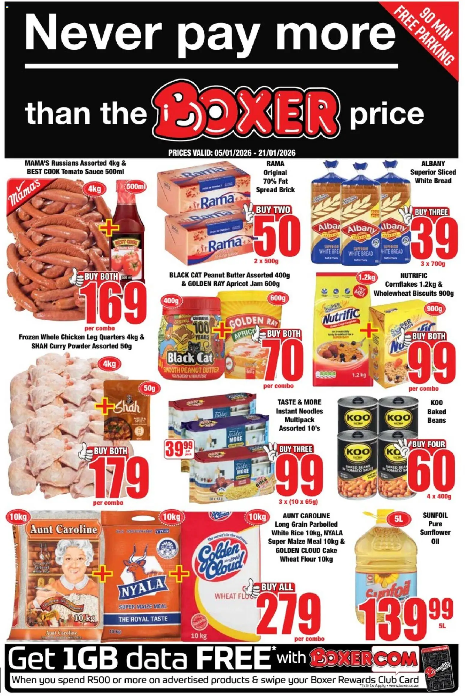 New Boxer catalogue – valid from 05.01.2026 | Page: 1 | Products: Beans, Baked beans, Maize meal, Biscuits