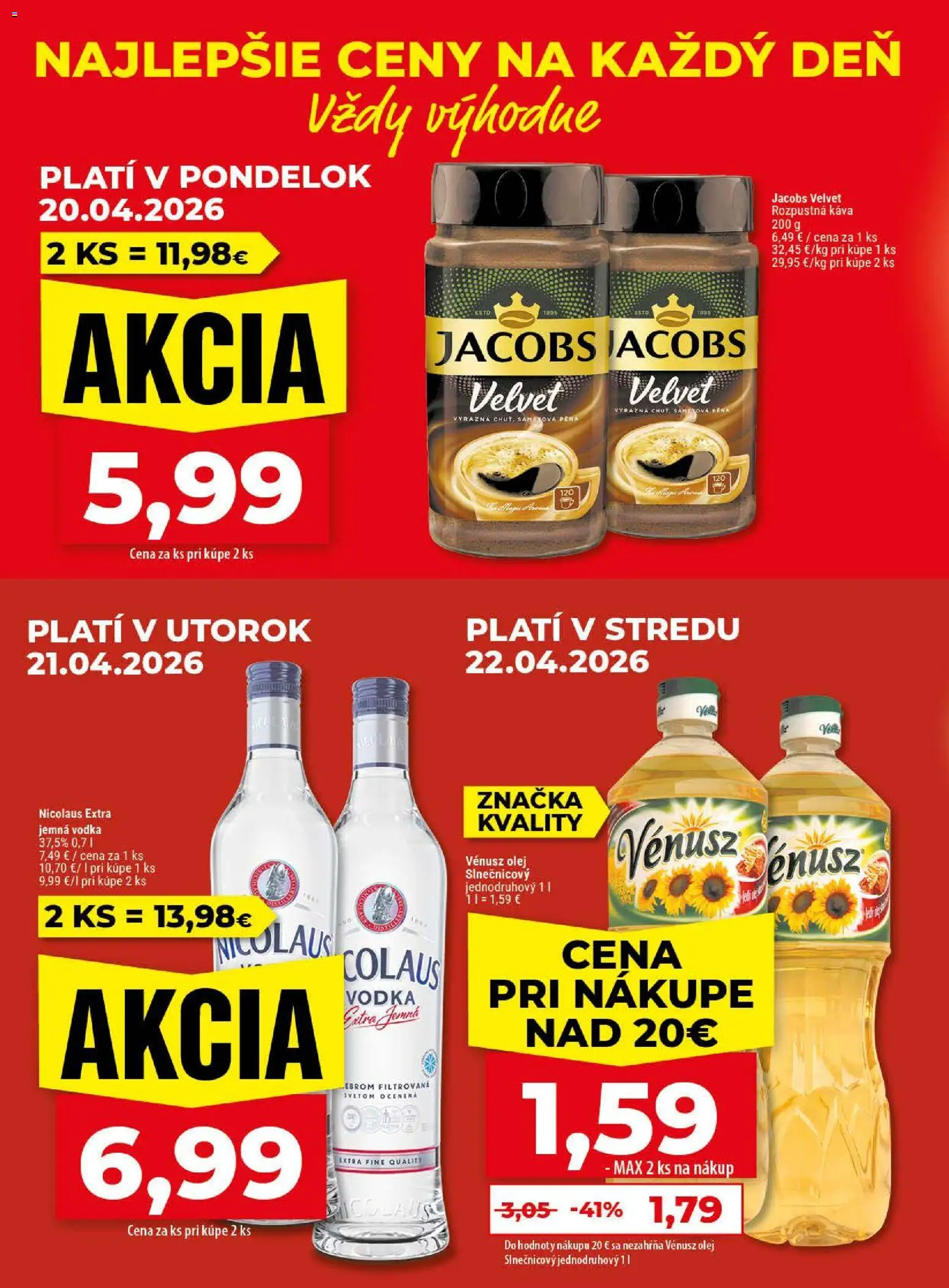 Nové Klas akcie – leták je platný od 20.04.2026 | Strana: 2 | Produkty: Jacobs Velvet, Olej, Káva, Vodka