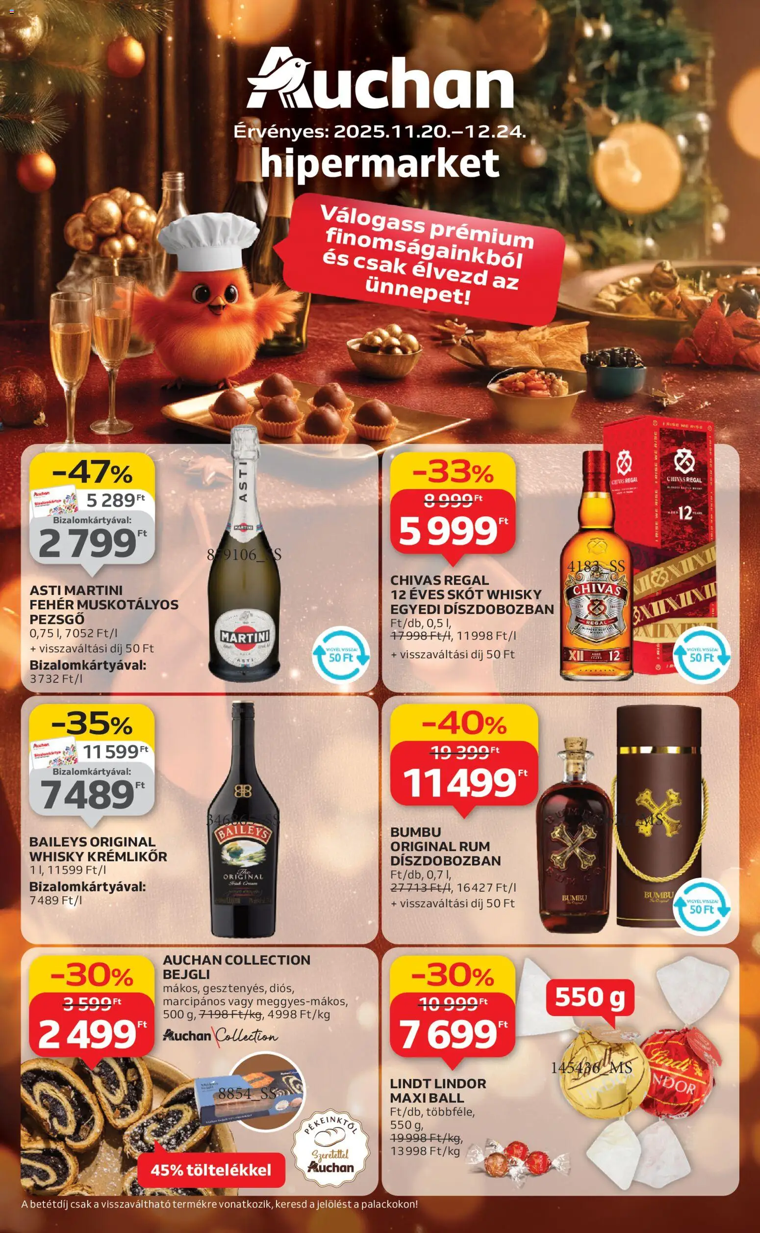 Auchan akciós ujság - amely érvényes a következő dátumtól: 20.11.2025 | Oldal: 1 | Termékek: Krémlikőr, Pezsgő, Rum, Whisky