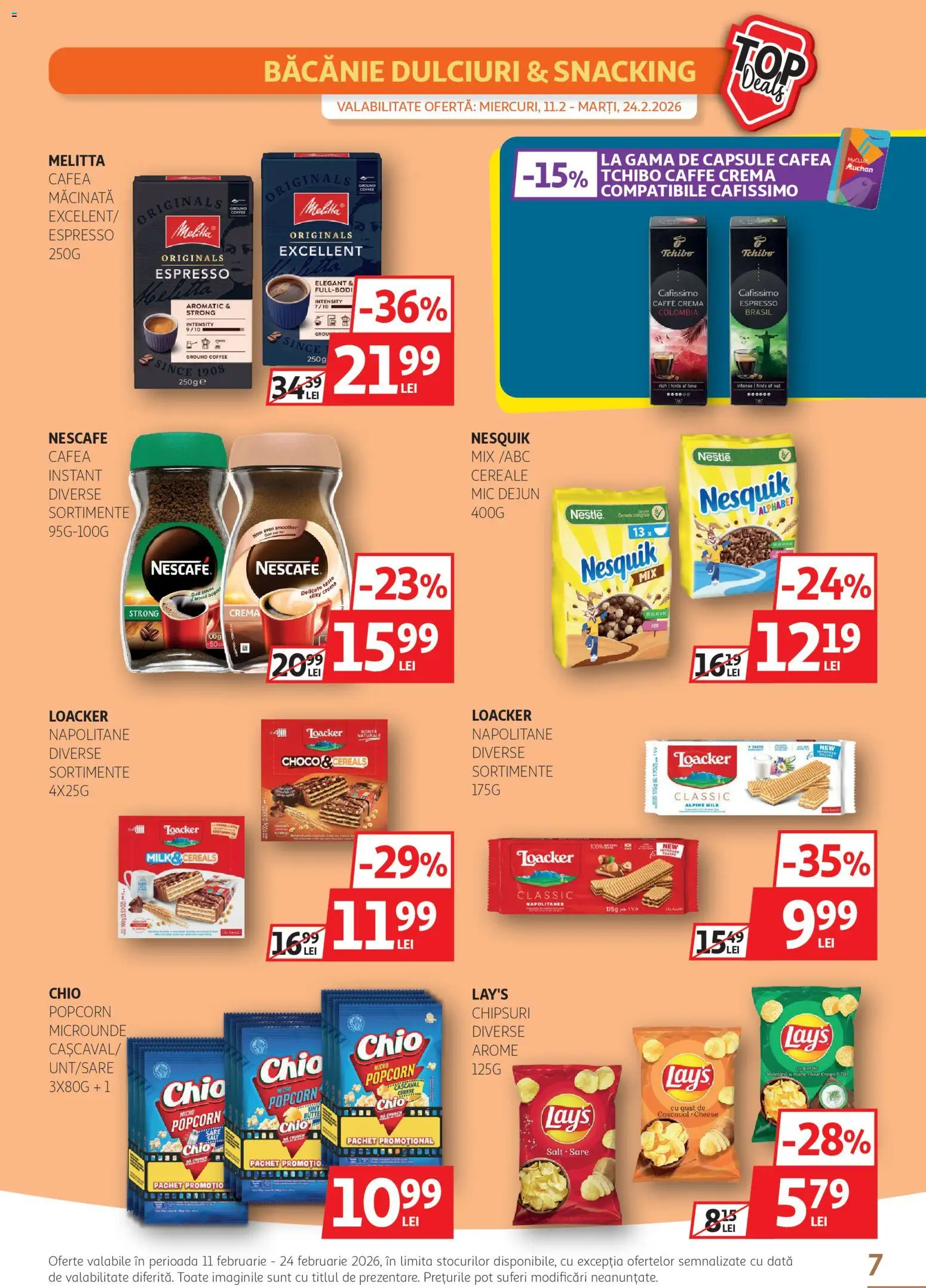 Noul catalog Auchan – valabil de la 11.02.2026 | Pagină: 7 | Produse: Napolitane, Cremă, Cereale, Chipsuri