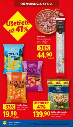 Náhled letáku Tortilla chips, 200 g, různé druhy od 05.02.2026 | Strana: 2 | Produkty: Fuet Extra, Pistácie, Tortilla, Fuet