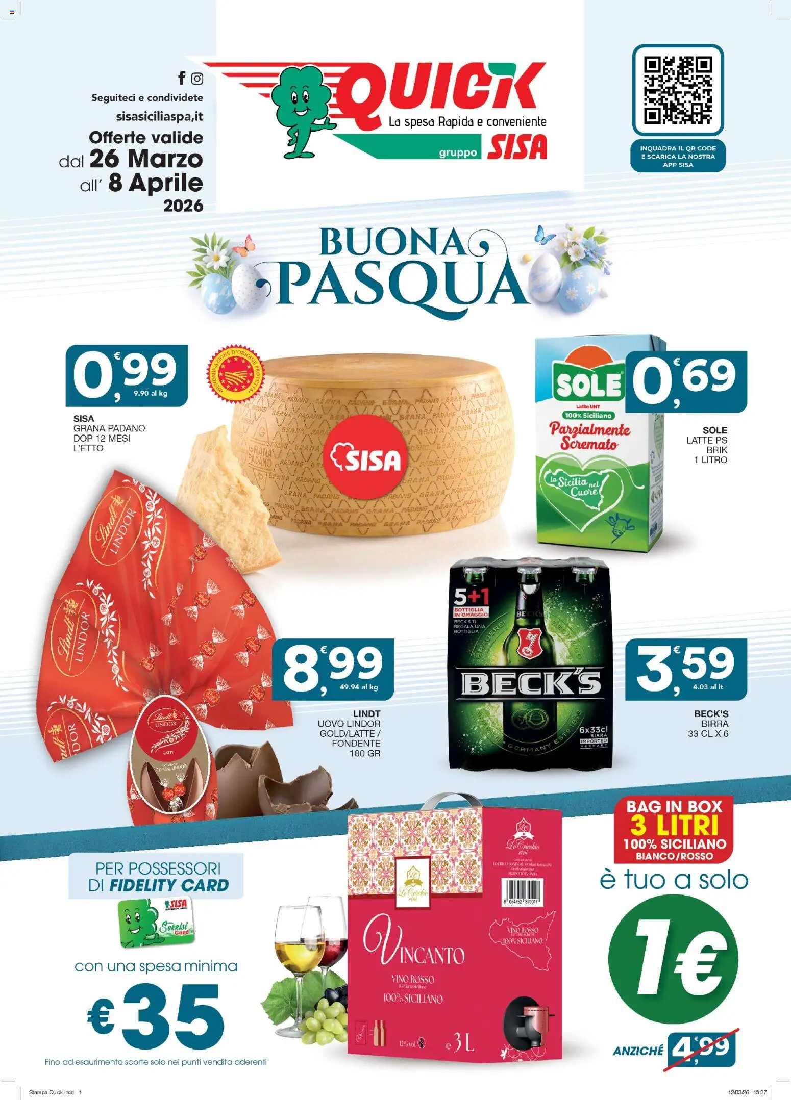 Volantino SISA del 26.03.2026 | Pagina: 1 | Prodotti: Birra, Latte, Grana Padano, Vino rosso