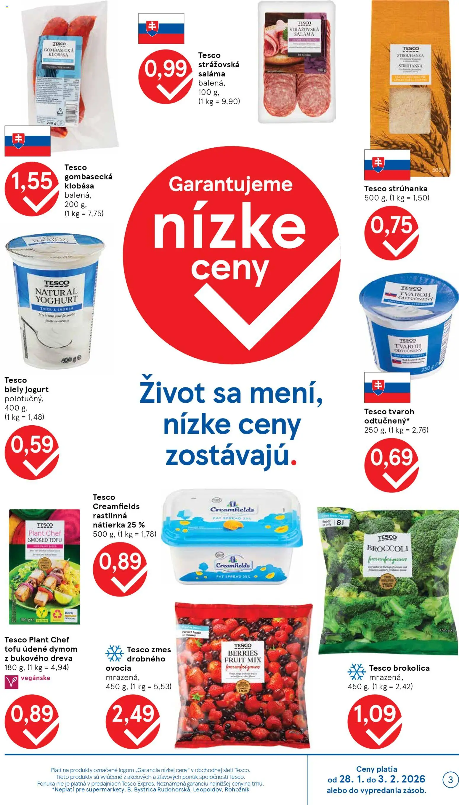 Nové Tesco akcie – leták je platný od 28.01.2026 | Strana: 3 | Produkty: Saláma, Klobása, Biely jogurt, Tvaroh