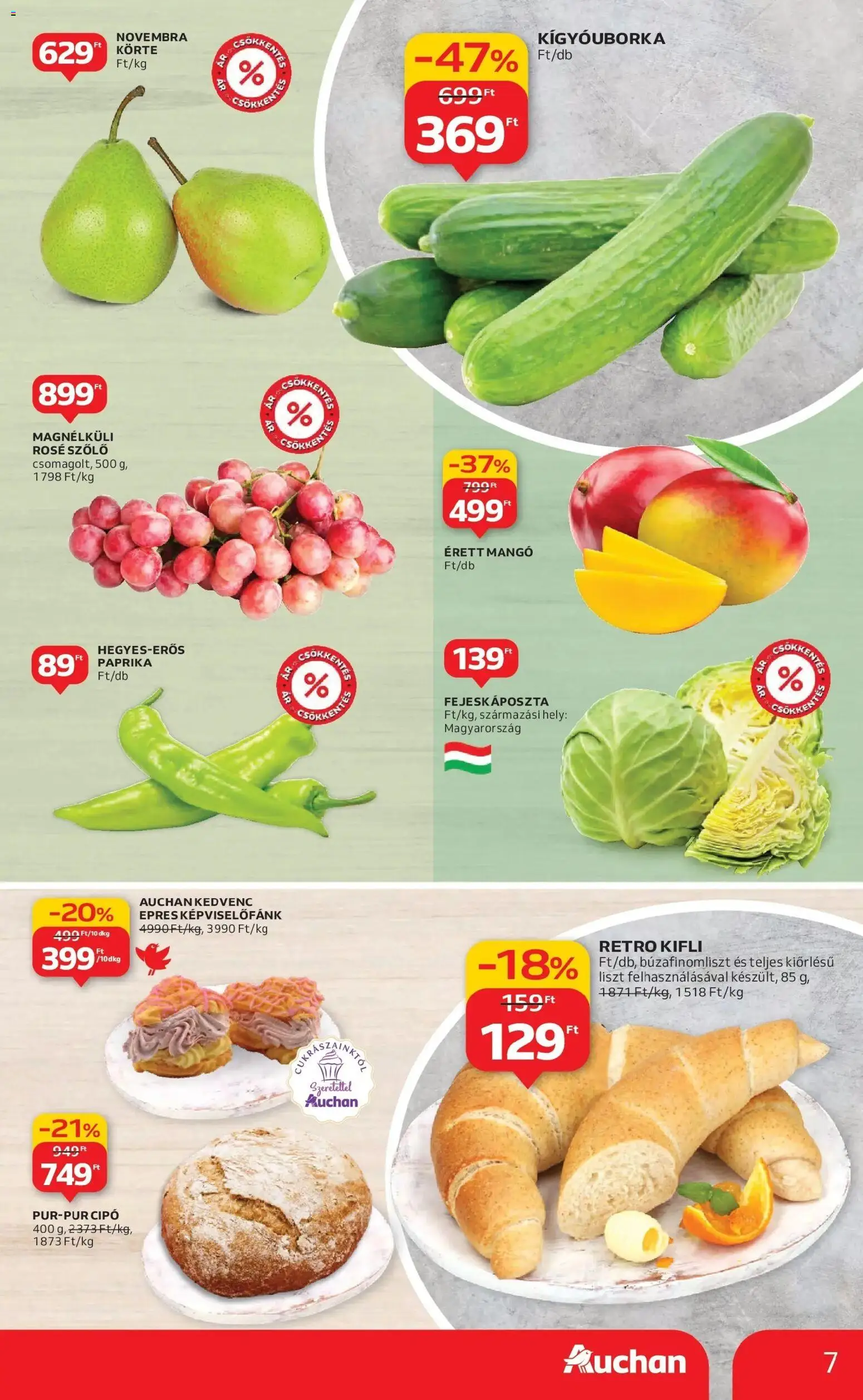 Auchan akciós ujság - amely érvényes a következő dátumtól: 22.01.2026 | Oldal: 7 | Termékek: Szőlő, Körte, Kígyóuborka, Kifli