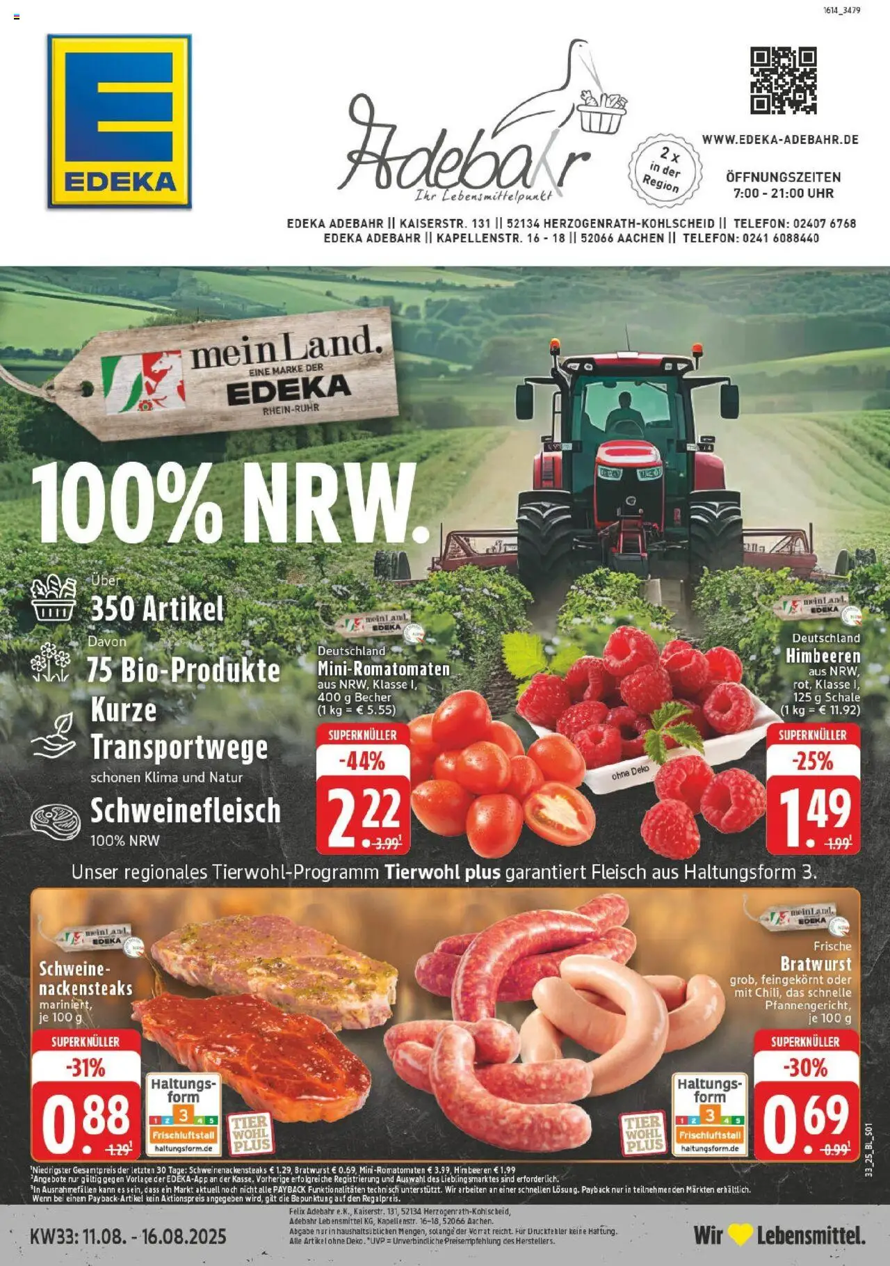 Edeka prospekt Herzogenrath	 - gültig ab dem 11.08.2025 | Seite: 1 | Produkte: Himbeeren, Bratwurst, Schweinefleisch, Telefon