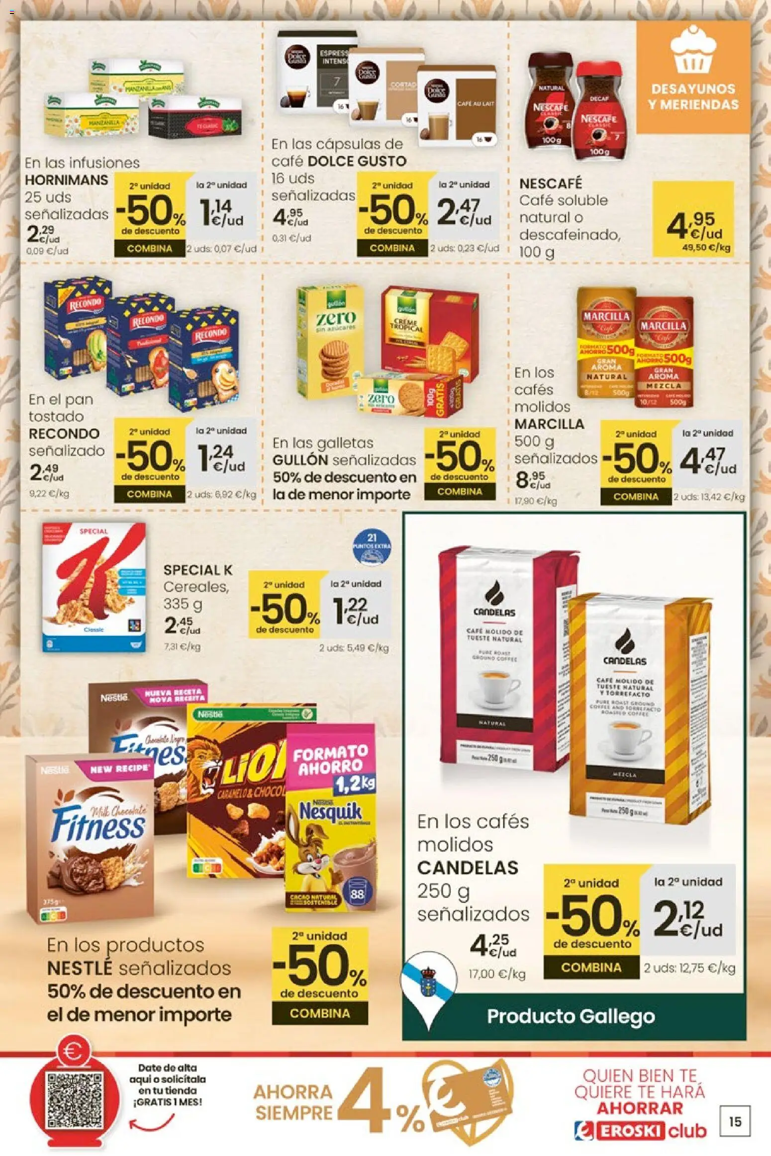 Eroski - 50 de descuento │ válido desde el 26.02.2026 | Página: 15 | Productos: Pan, Café molido, Té, Galletas
