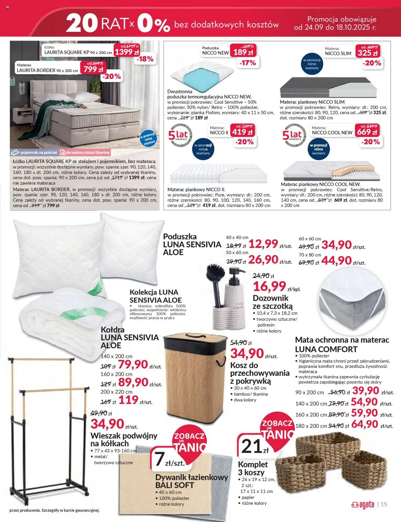 Salony Agata Gazetka od 24.09.2025 | Strona: 15 | Produkty: Pościel, Poduszka, Kosz, Kołdra