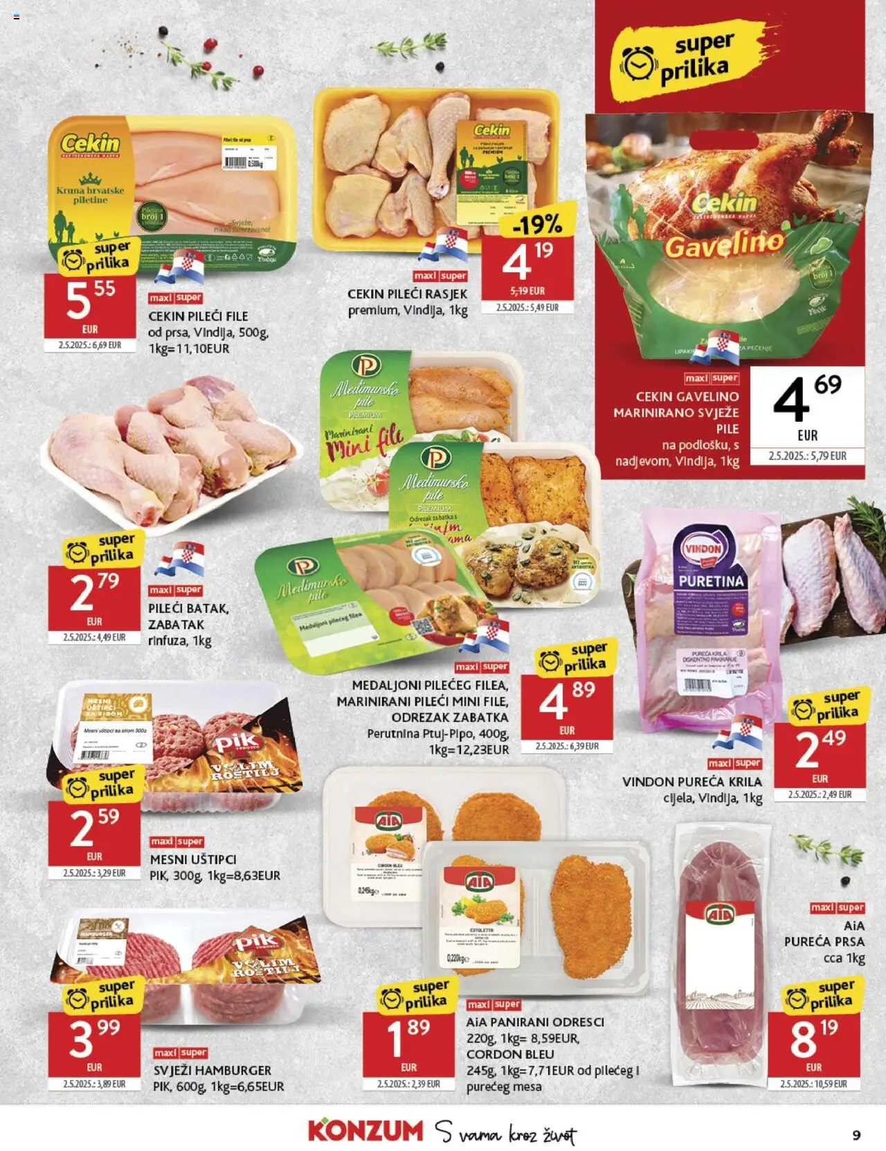 Konzum katalog | vrijedi od 20.08.2025 | Stranica: 9 | Proizvodi: Puretina, Pileći file, Hamburger