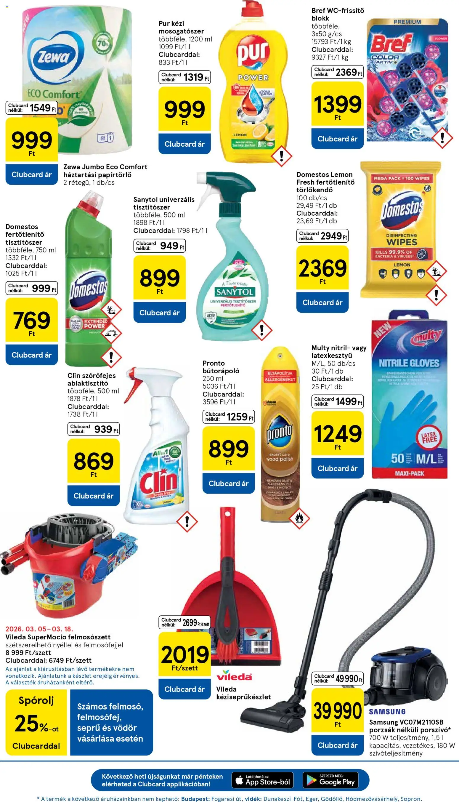 Tesco akciós ujság - amely érvényes a következő dátumtól: 05.03.2026 | Oldal: 13 | Termékek: Papírtörlő, Samsung, Mosogatószer, Vileda