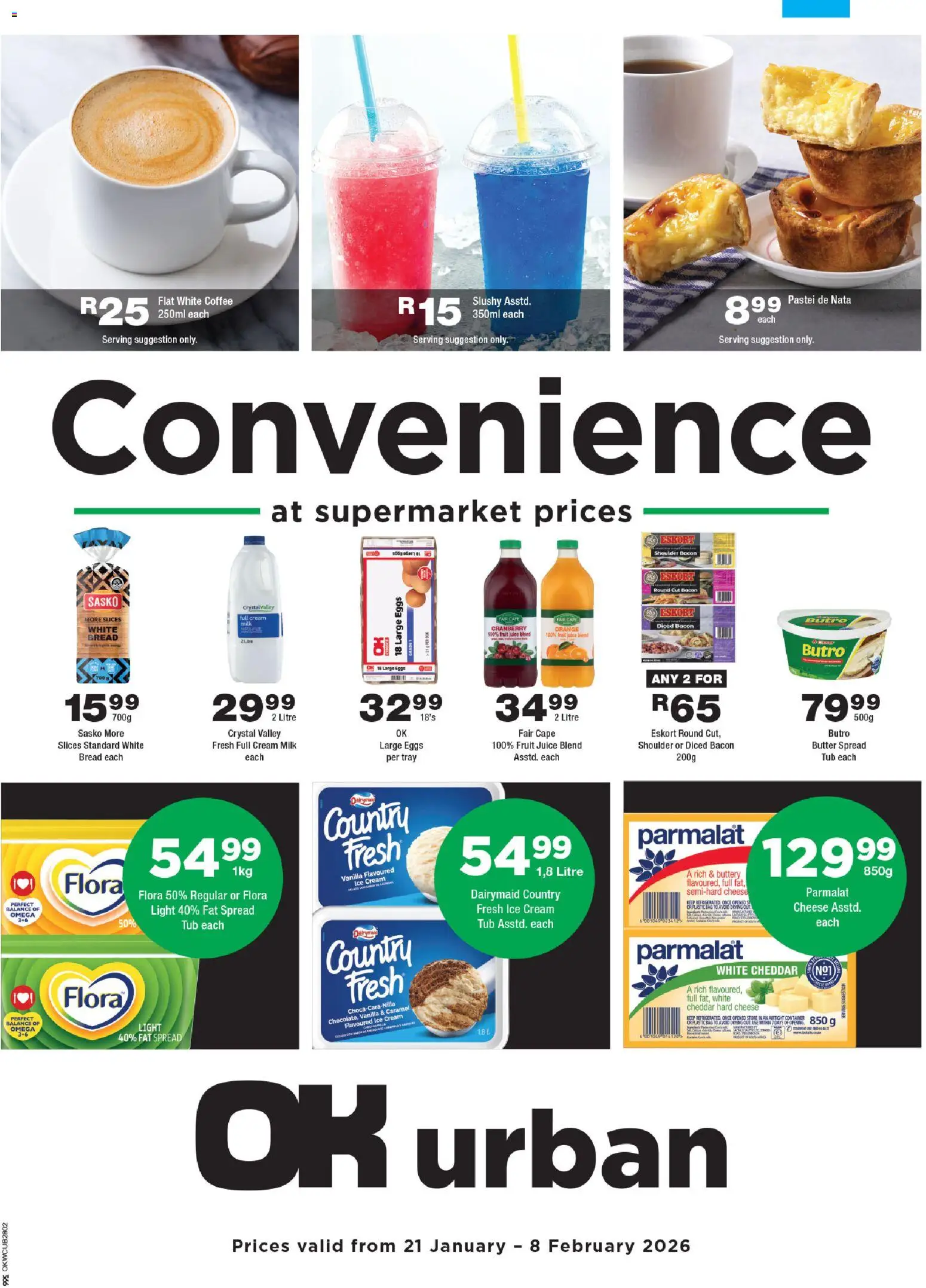 New OK Foods catalogue – valid from 21.01.2026 | Page: 1 | Products: Cheese, Juice, Caramel, Bacon