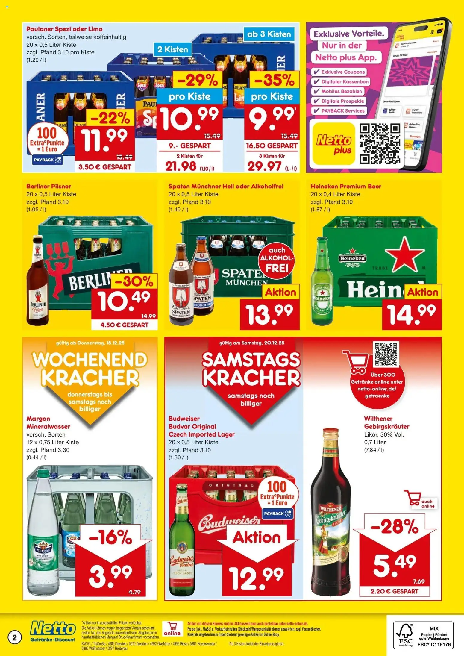 Netto Marken-Discount prospekt Riesa	 – gültig ab 15.12.2025 | Seite: 2 | Produkte: Mineralwasser, Heineken, Budweiser, Paulaner