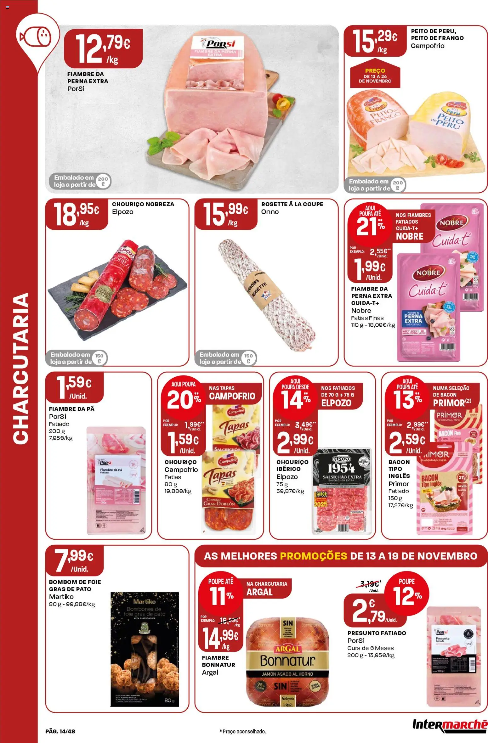 Intermarché folheto │ válido de 13.11.2025 | Página: 14 | Produtos: Bacon, Peito de frango, Frango, Peru