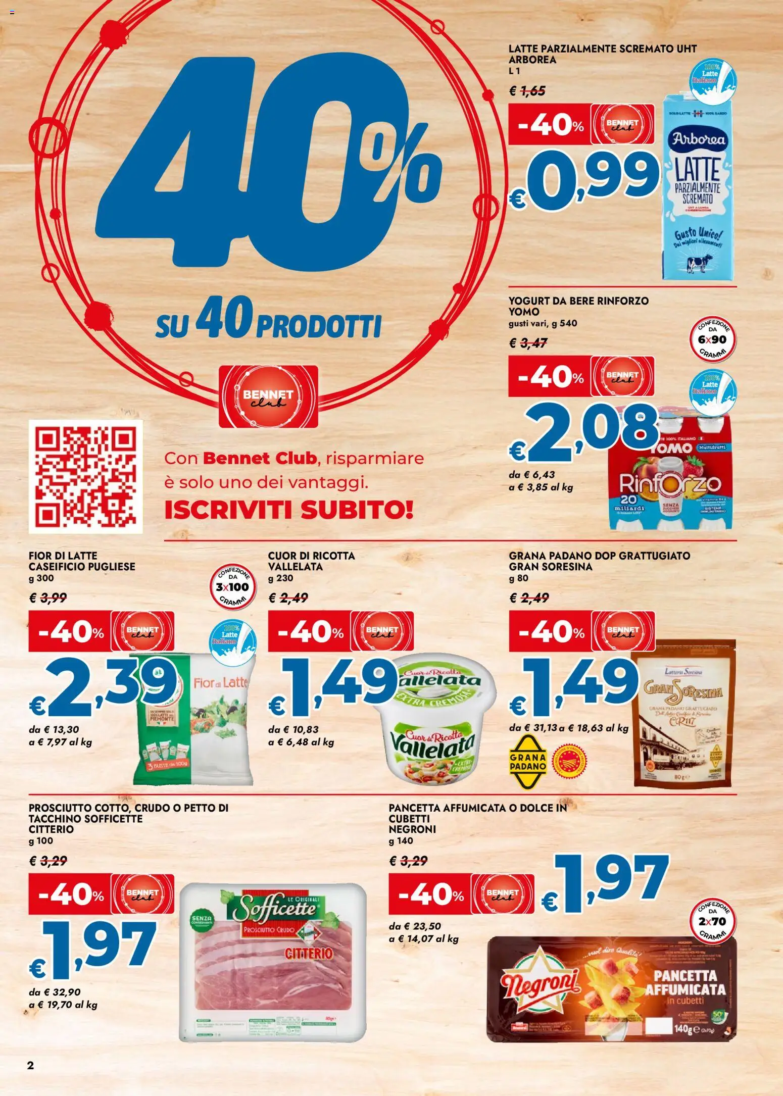 Volantino bennet del 02.01.2026 | Pagina: 2 | Prodotti: Yogurt, Pancetta, Latte, Prosciutto