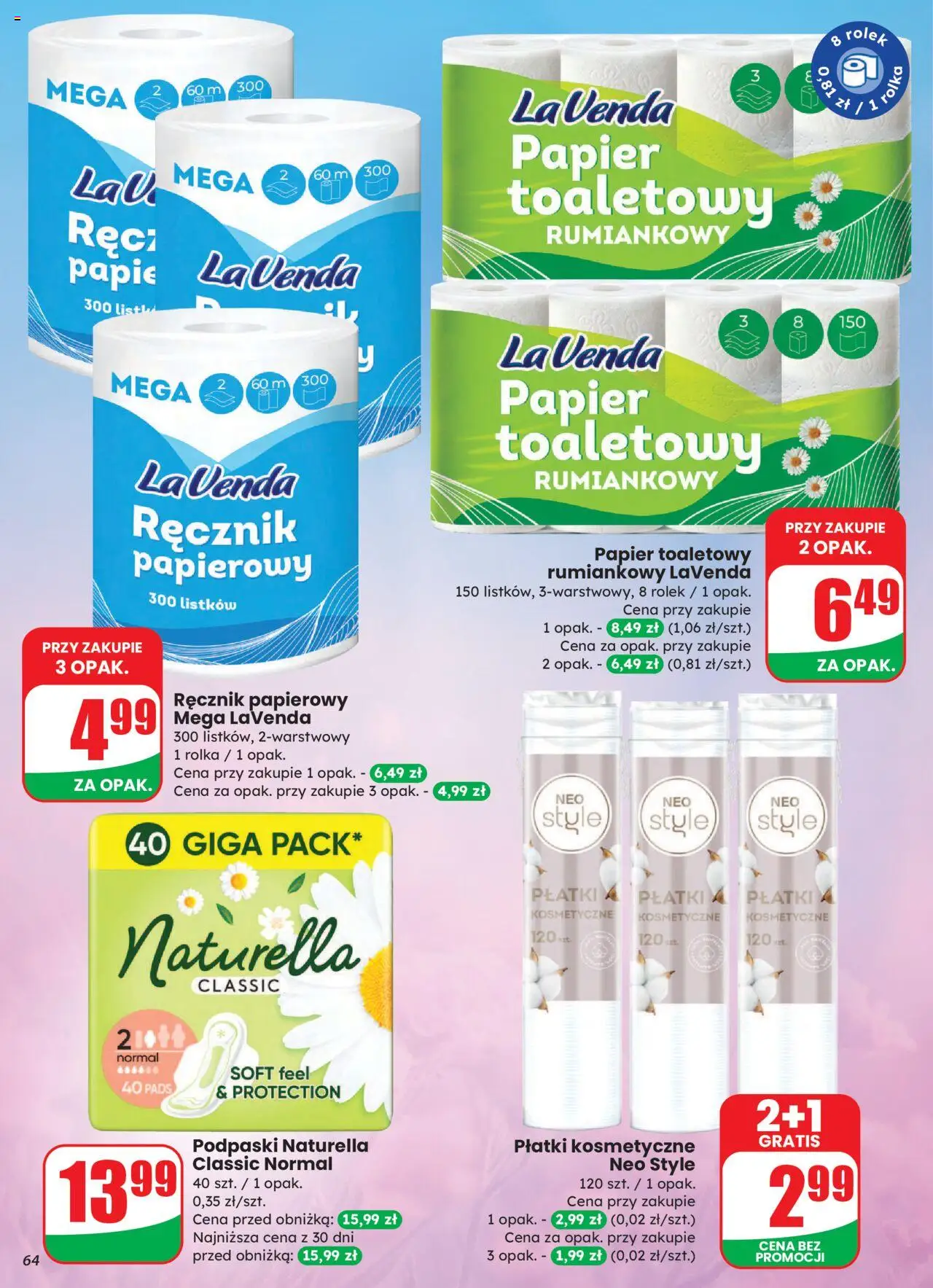 Dino Gazetka od 27.08.2025 | Strona: 64 | Produkty: Papier toaletowy, Podpaski, Płatki kosmetyczne, Płatki