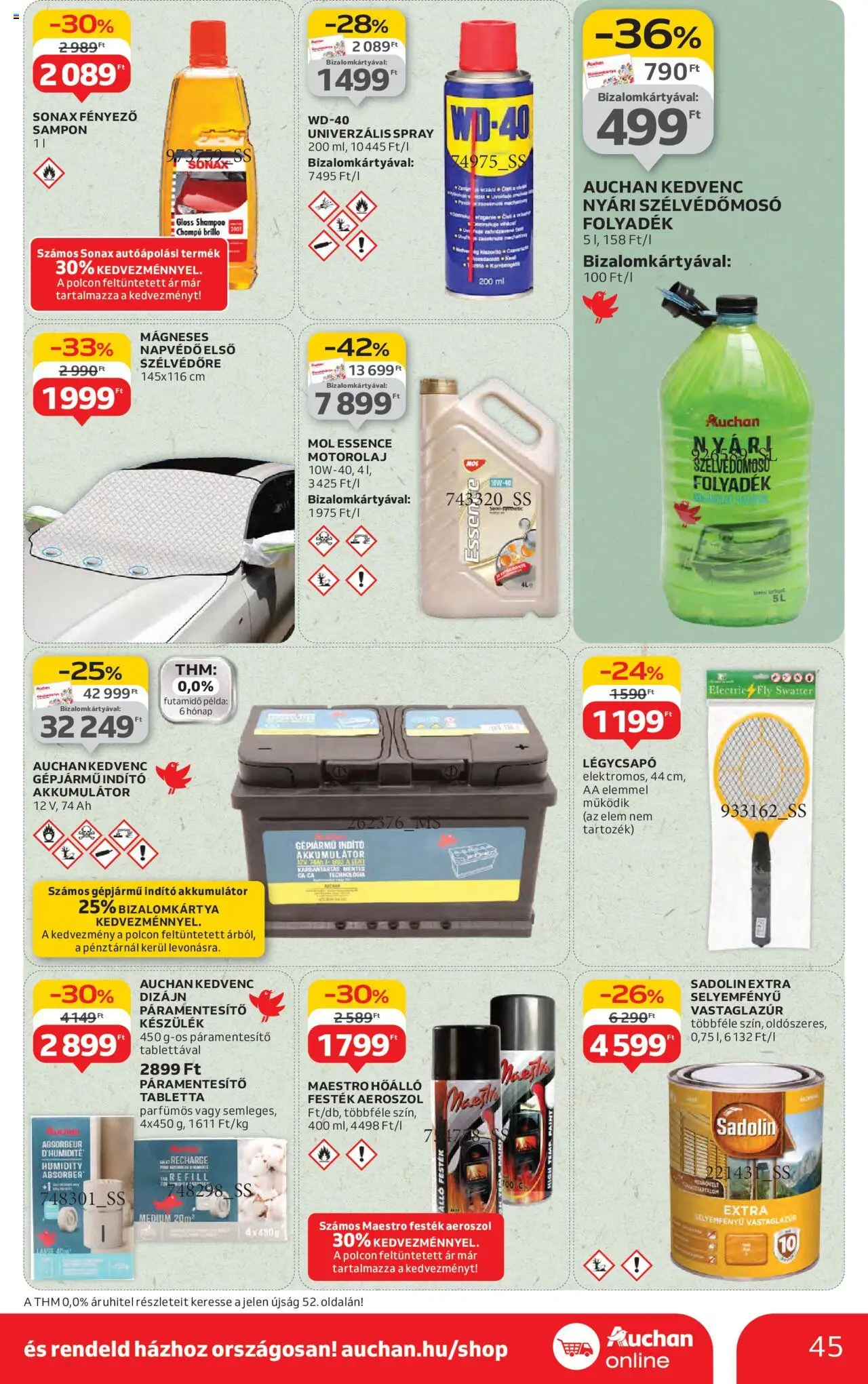 Auchan akciós ujság - amely érvényes a következő dátumtól: 14.08.2025 | Oldal: 45 | Termékek: Páramentesítő, Akkumulátor, Motorolaj, Festék