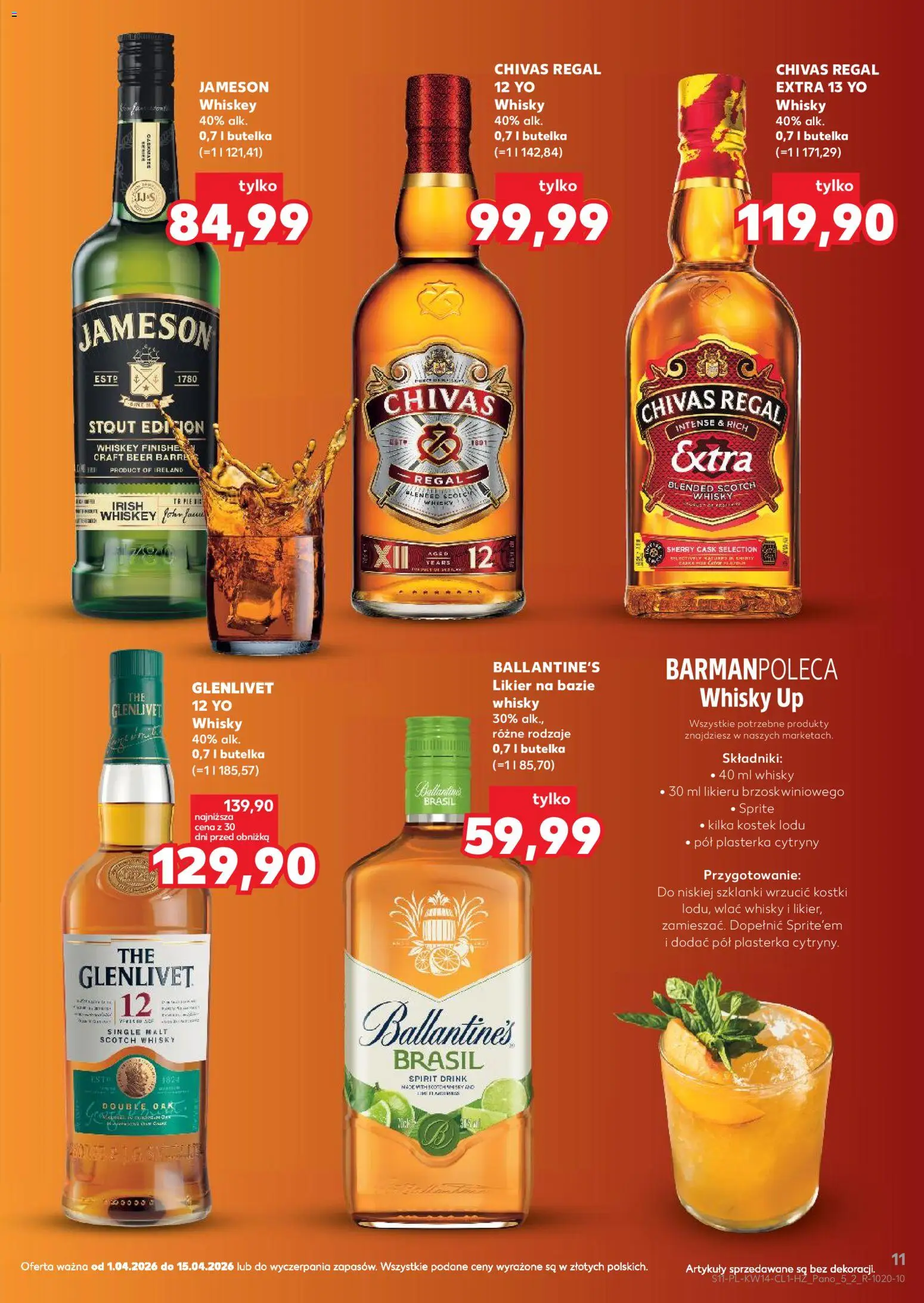 Kaufland Polsko leták - Barek od 01.04.2026 | Strana: 11 | Produkty: Whiskey, Whisky, Ballantine's, Sprite