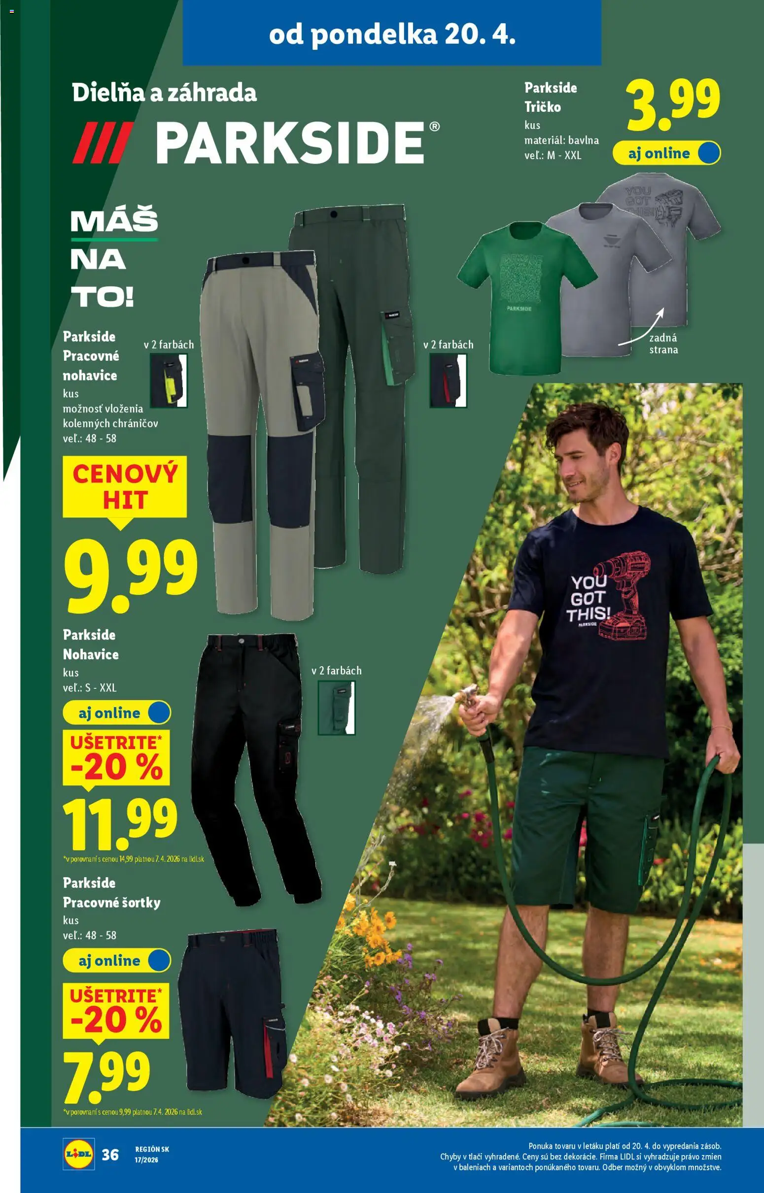 Nové Lidl akcie – leták je platný od 20.04.2026 | Strana: 44 | Produkty: Parkside, Tričko, Nohavice