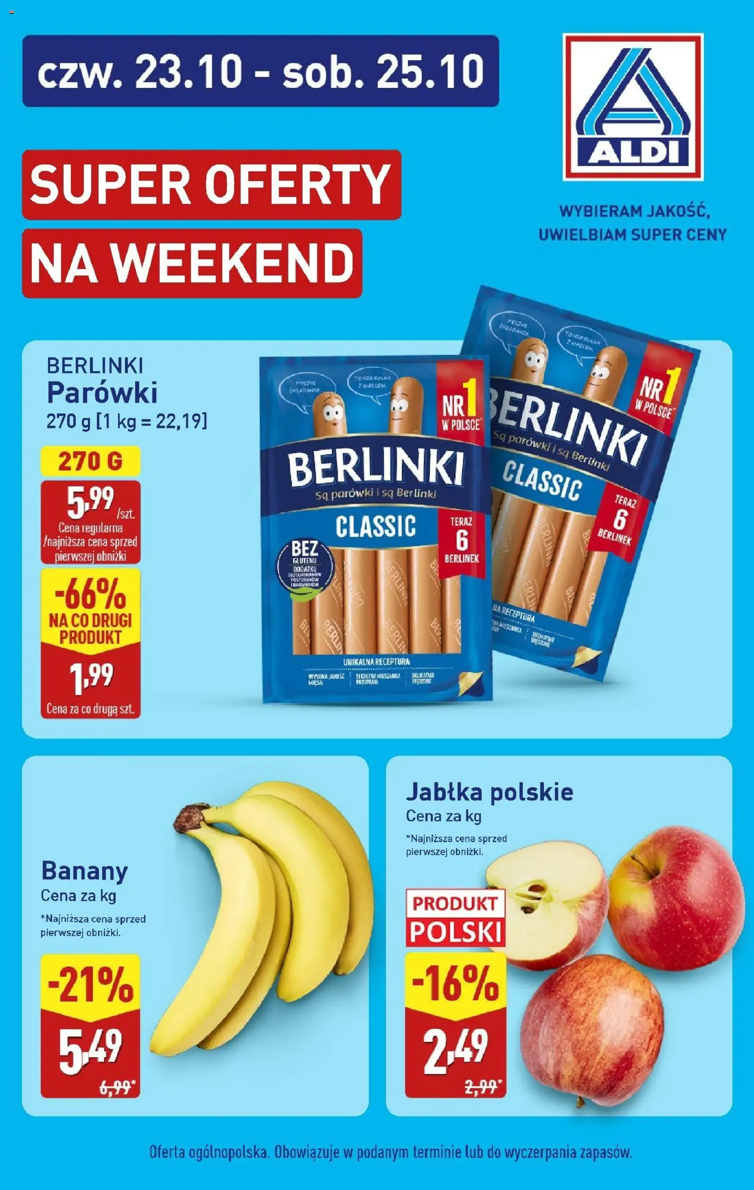 Aldi Gazetka - Wspaniałe oferty na weekend od 23.10.2025 | Strona: 1 | Produkty: Parówki, Bułka, Jabłka, Banany