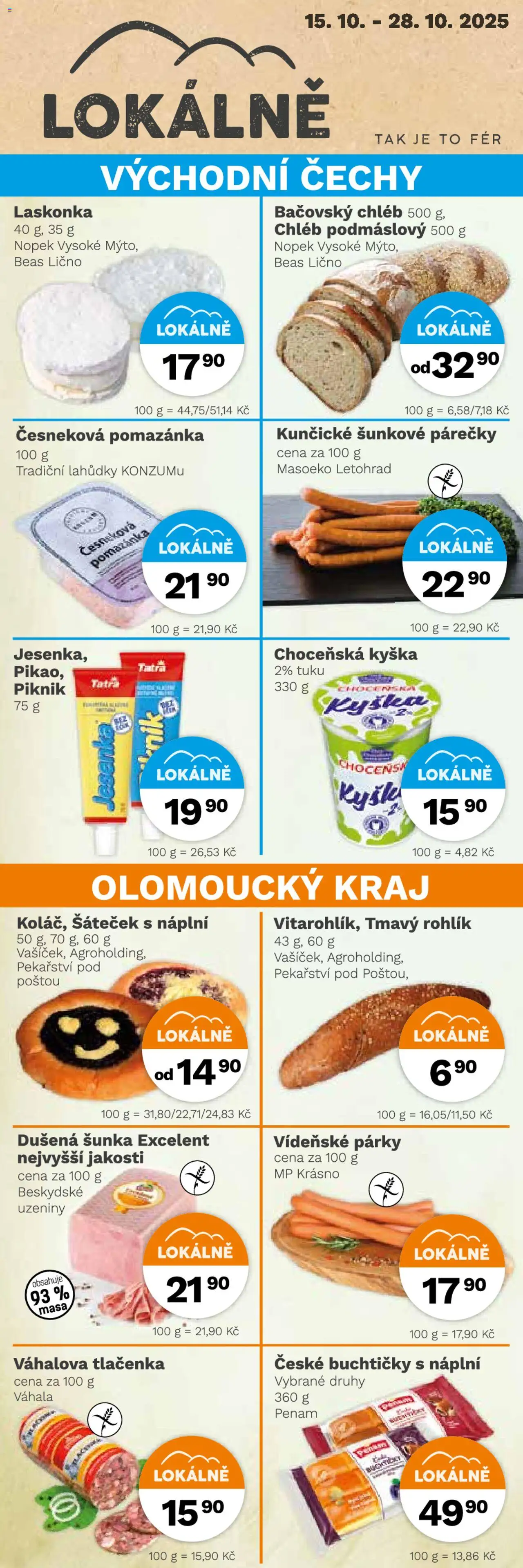 Konzum leták od 15.10.2025 | Strana: 2 | Produkty: Šunka, Vídeňské párky, Rohlík, Uzeniny