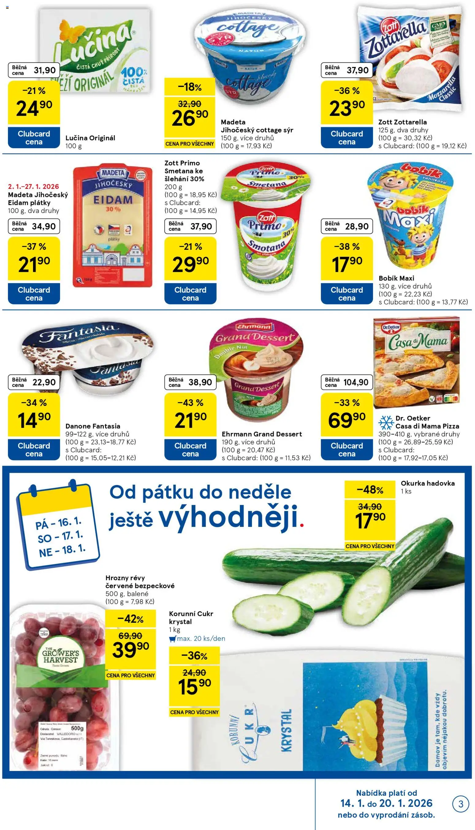 Tesco leták - Hypermarket od 14.01.2026 | Strana: 3 | Produkty: Eidam, Mozzarella, Cottage cheese, Okurka