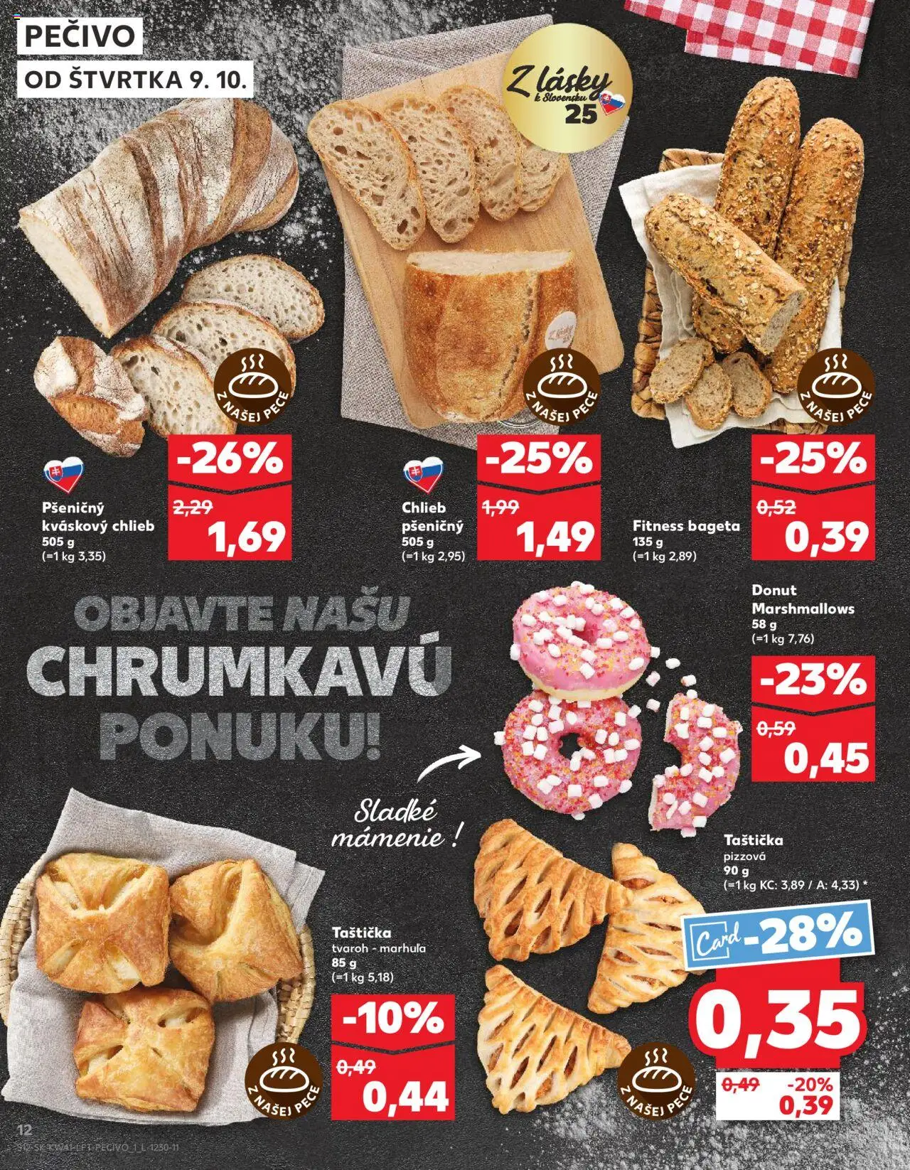 Nové Kaufland akcie – leták je platný od 09.10.2025 | Strana: 12 | Produkty: Chlieb, Donut, Tvaroh