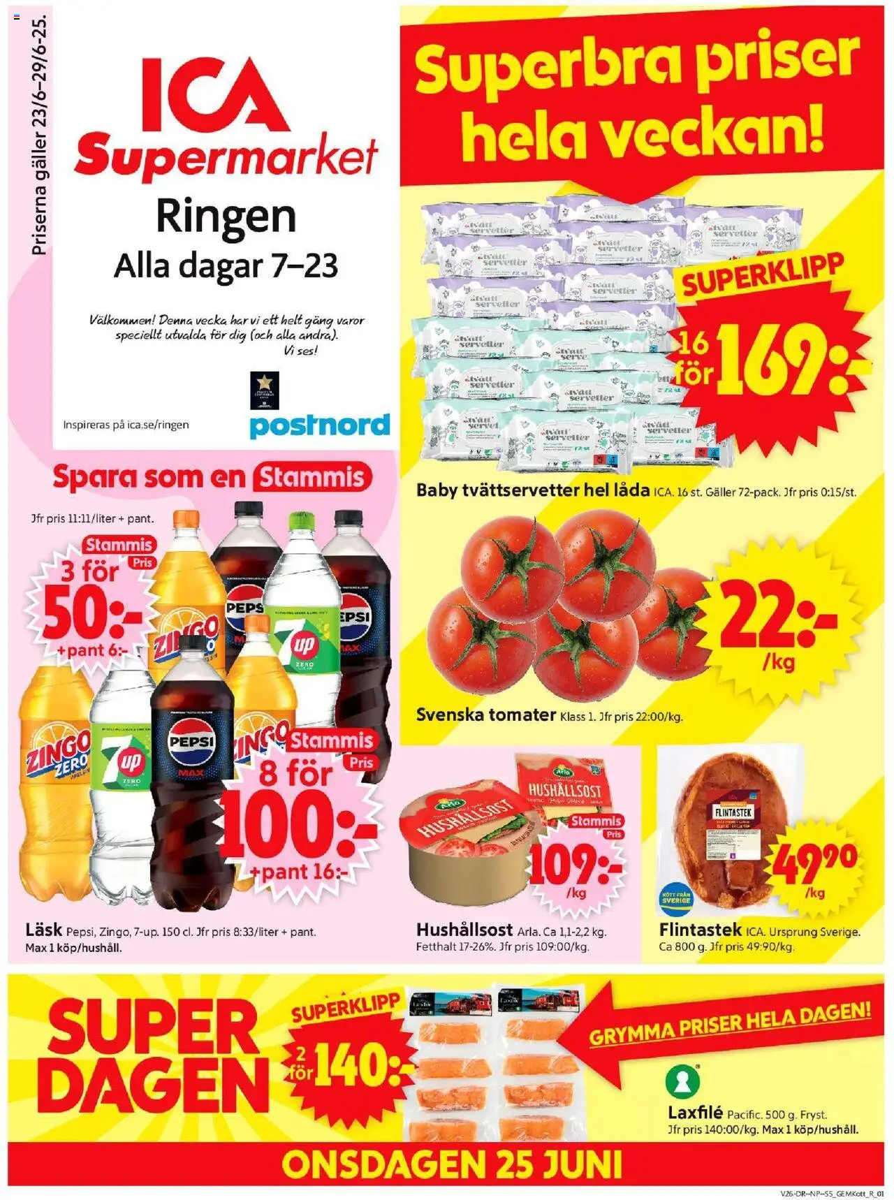 ICA Supermarket reklamblad aktuell från 23.06.2025 | Sida: 1 | Produkter: Zingo, Galler, Hushållsost, Apelsin