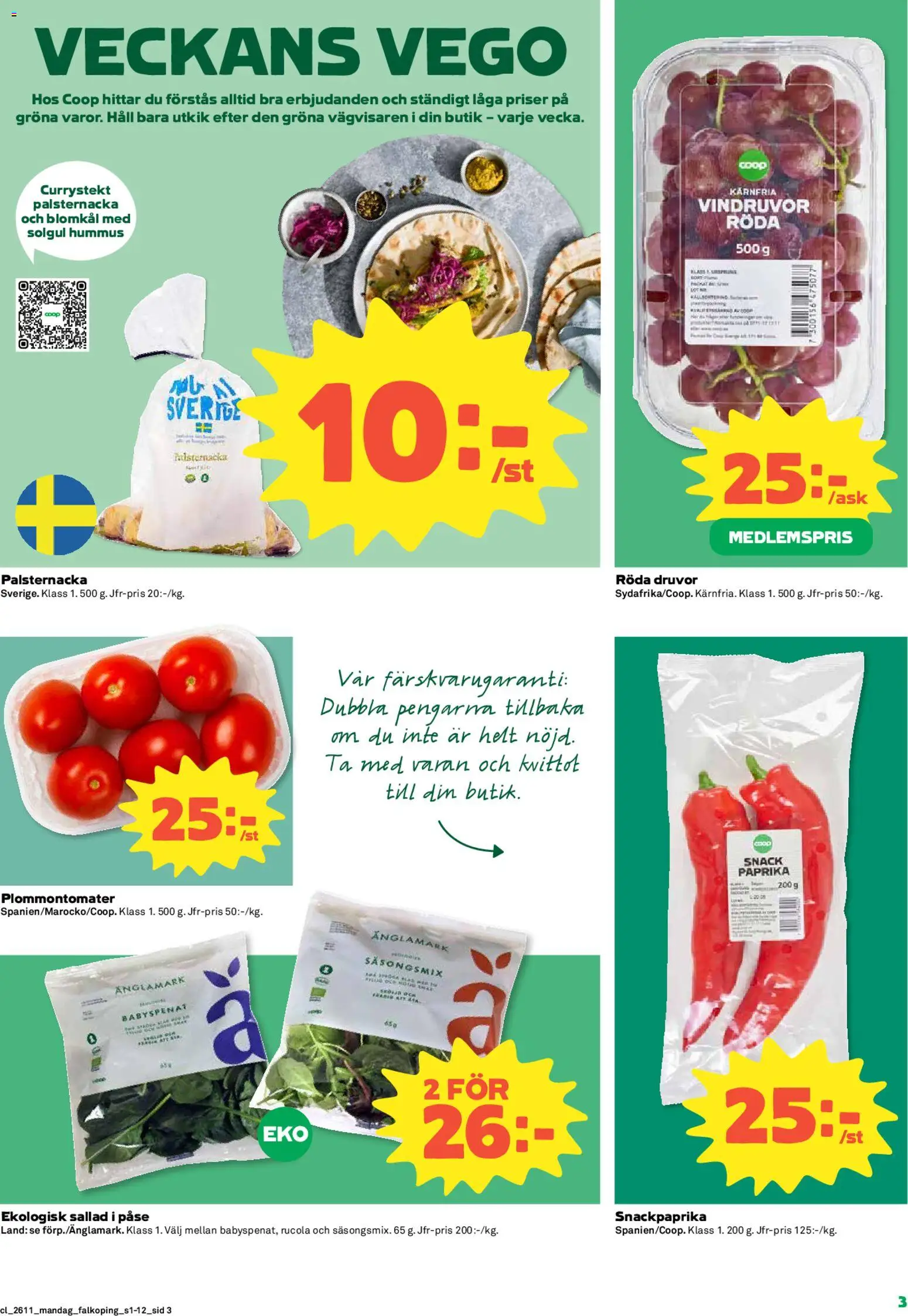 Coop reklamblad aktuell från 09.03.2026 | Sida: 3 | Produkter: Babyspenat, Vindruvor, Blomkål, Sallad
